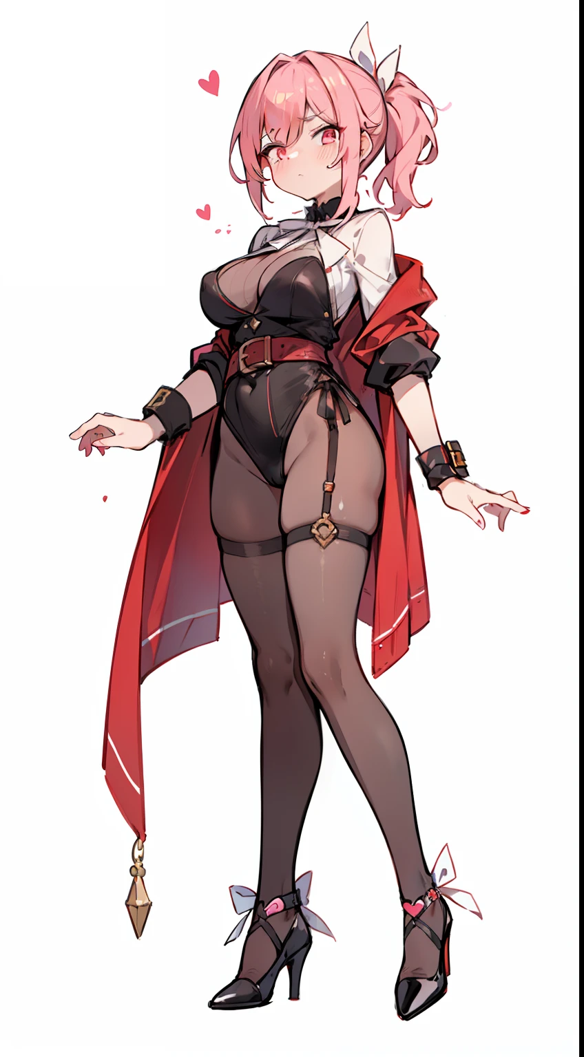 1girl in, fullllbody, Character Design, ((Loose pink ponytail with white ribbon)), ((Eyes are red)),  (Zito eyes without highlights), ((Cold straight face)), (Mole under the left eye), Long bangs, Eyes are hearts, Brainwashed, large full breasts, High quality, ??, Magic Makeover, Leotard outfit in sexy black underwear style, garterbelts, Black High Heels, Wide Shot, Detailed background of the prison