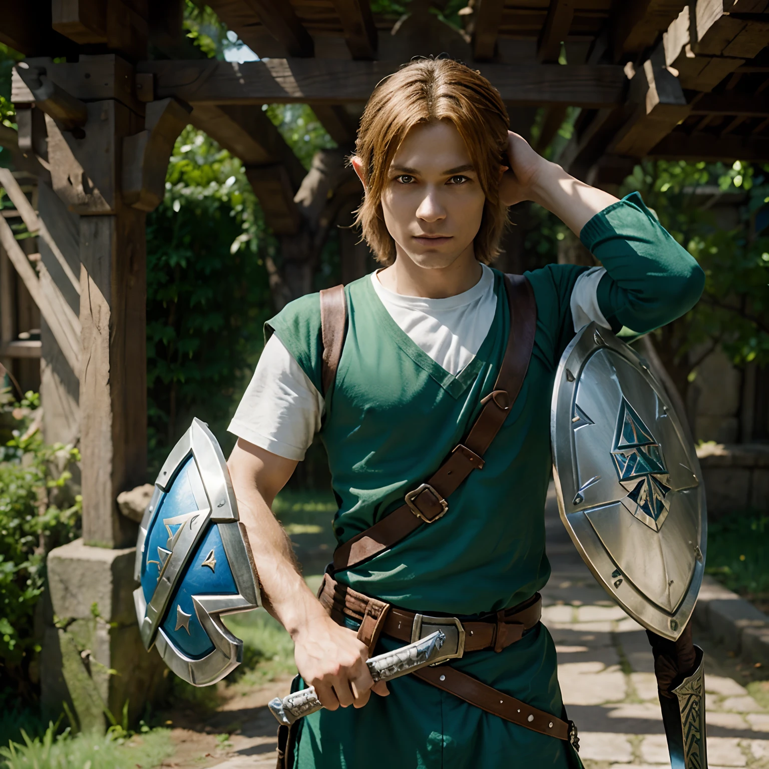 Link from legend of Zelda videogame series holding a sword and shield