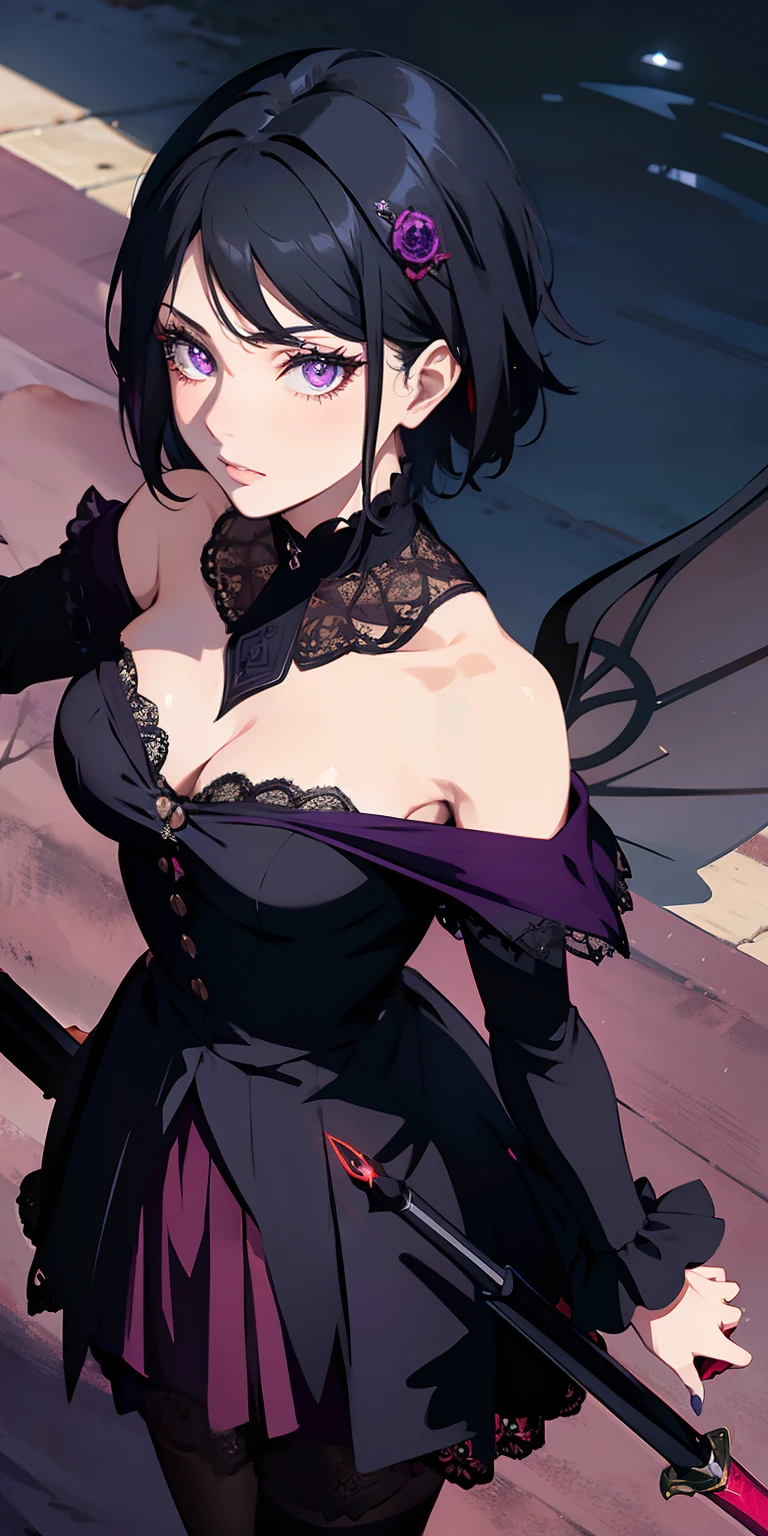 masterpiece, best quality, ultra-detailed, illustration,(1girl),beautiful detailed eyes, Sarada Uchiha, looking at viewer, close up, (breast focus), (arms behind back:1.2), (from above:1.1), black hair, black lace top, high neck lace, black lace covered shoulders, small breasts, (off shoulder:1.1), lace robe, caster robes, lace stockings, lace arm sleeves,glowing eyes, purple eyes, Red Tulle coat  random pantyhose, black hair, purple eyes, Rennegan eyes, shining eyes, Wizard staff in hand, elegant staff, Wizard wand, Fairy wand, detailed wizard staff