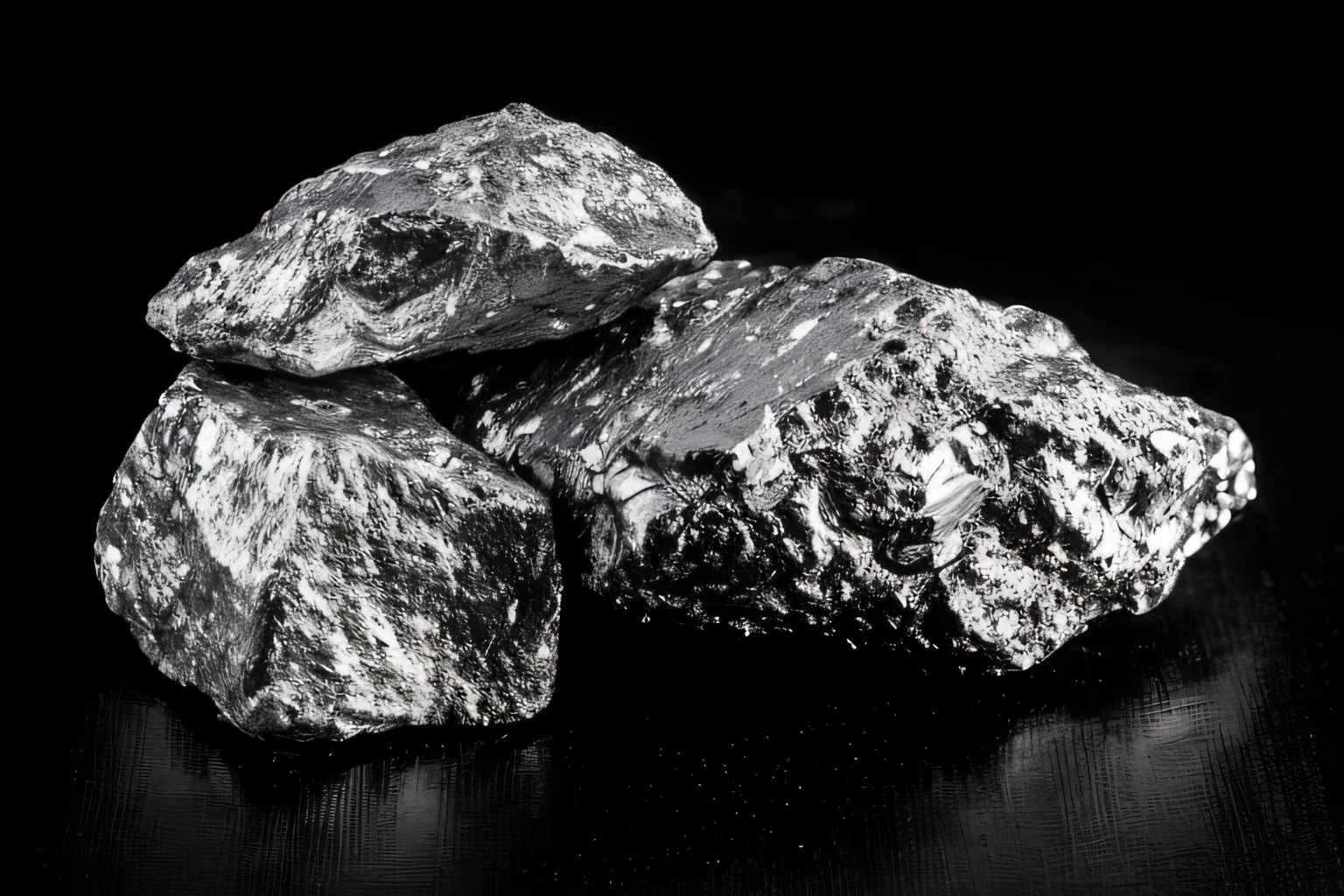 Three pieces of silver are on a black surface, gelatina de prata realista, high resolution coal texture, no fundo preto, mineral raro metal bruto raro, feito de prata brilhante, material de metal cromado, Metal obsidiano, Meteoritos, rochas e metais, prata ouro preto, metallic asteroid, realistic metallic reflections, foto do produto de alta qualidade, foto de alta qualidade