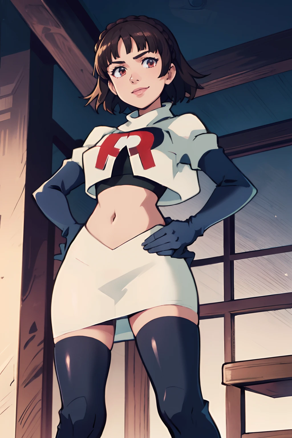 makoto nijima, blunt bangs, braid, brown hair, crown braid, team rocket uniform, red letter R, white skirt,white crop top,black thigh-highs,black elbow gloves, confident smile, looking down on viewer, hand on hip