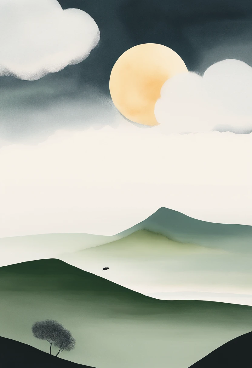 Simple landscape painting，ancient wind，Around eleven o'clock at night，Clouds，themoon，naive，Line watercolor