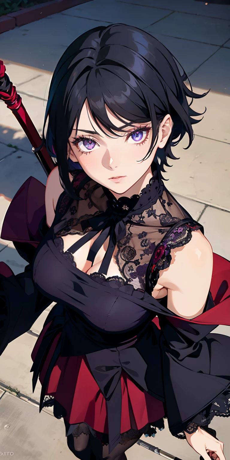 masterpiece, best quality, ultra-detailed, illustration,(1girl),beautiful detailed eyes, Sarada Uchiha, looking at viewer, close up, (breast focus), (arms behind back:1.2), (from above:1.1), black hair, black lace top, high neck lace, black lace covered shoulders, small breasts, (off shoulder:1.1), lace robe, caster robes, lace stockings, lace arm sleeves,glowing eyes, purple eyes, Red Tulle coat random pantyhose, black hair, purple eyes, Rennegan eyes, shining eyes, Wizard staff in hand, elegant staff, Wizard wand, Fairy wand, detailed wizard staff