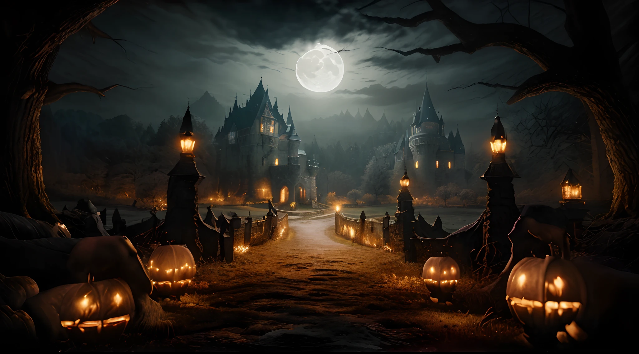 Moon, black night, shadowy old castle, dark forest in the background,HDR,UHD,8K, best quality, masterpiece, Highly detailed, ultra-fine painting