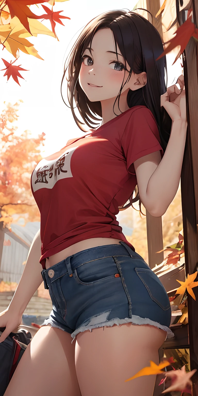 top-quality、Top image quality、masterpiece、 girl、skin gloss、Dynamic super close-up looking up from below with slightly larger breasts、Slightly thicker emphasis on the thighs、Red T-Shirt Denim Shorts、Bare legged、Face Real、Face smile、Autumn foliage、Versatile sexy poses