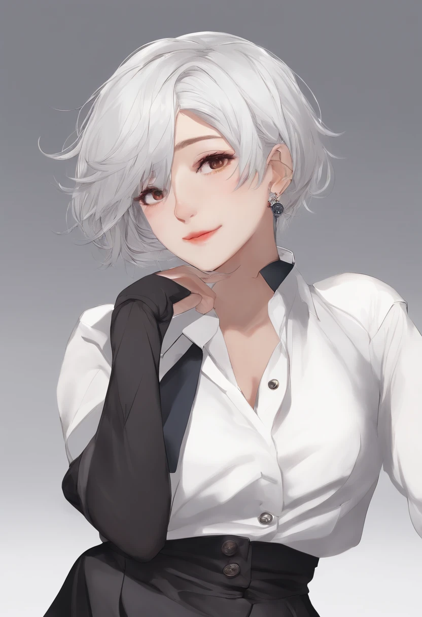 ((Masterpiece, Best Quality)), (Solo), (Female Focus), (Ahoge, Gray Hair, Short Hair, Undercut), (Black Eyes), (White Shirt), (Shirt with Buttons), (Black Skirt), White Background, Back Arms