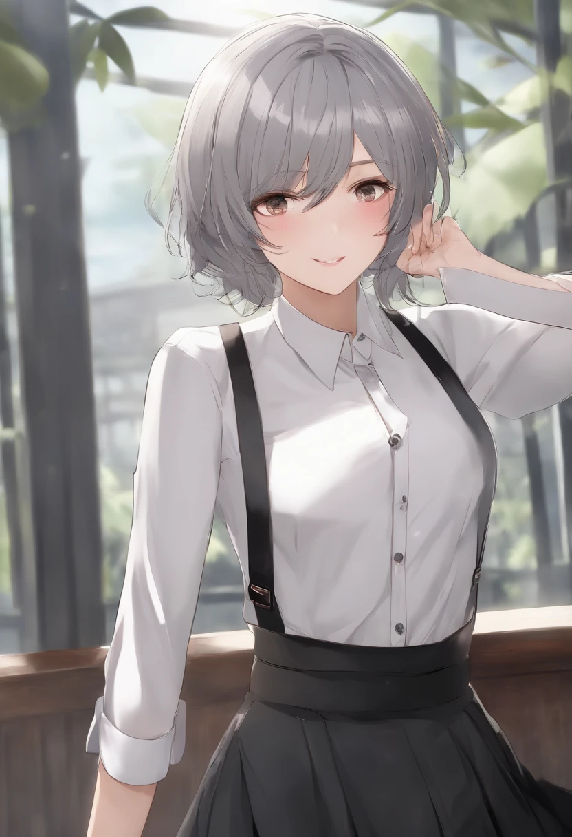 ((Masterpiece, Best Quality)), (Solo), (Female Focus), (Ahoge, Gray Hair, Short Hair, Undercut), (Black Eyes), (White Shirt), (Shirt with Buttons), (Black Skirt), White Background, Back Arms