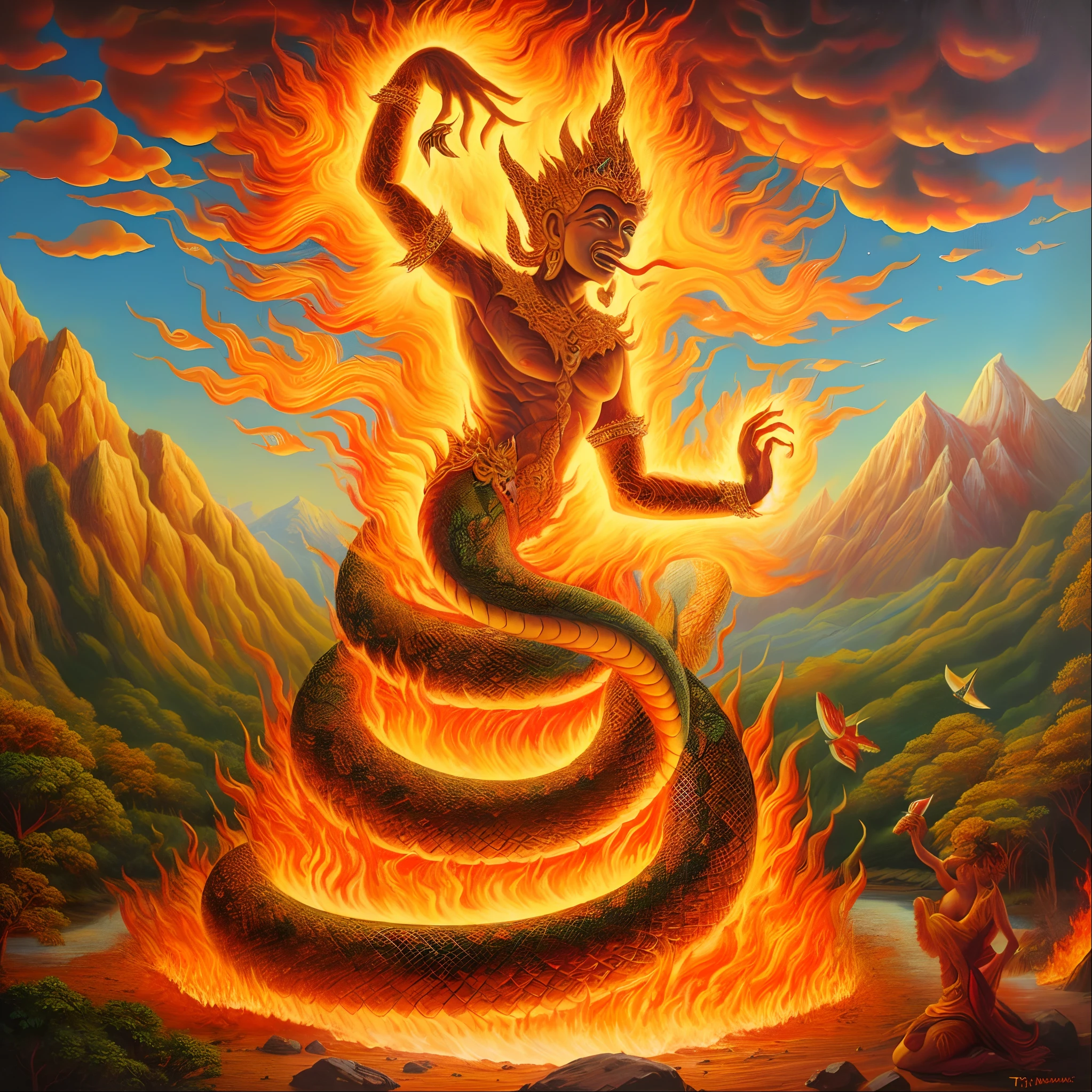 painting of a dragon with a fire ball in its mouth, naga-tirr, naga, fire flaming serpent, appears as the fire goddess, lava and fire goddess, fire flaming dragon serpent, goddess of fire, fire demon, fire goddess, the fire goddess, by Tim Hildebrandt, oil painting of dragon, nagas, greg hildebrandt highly detailed