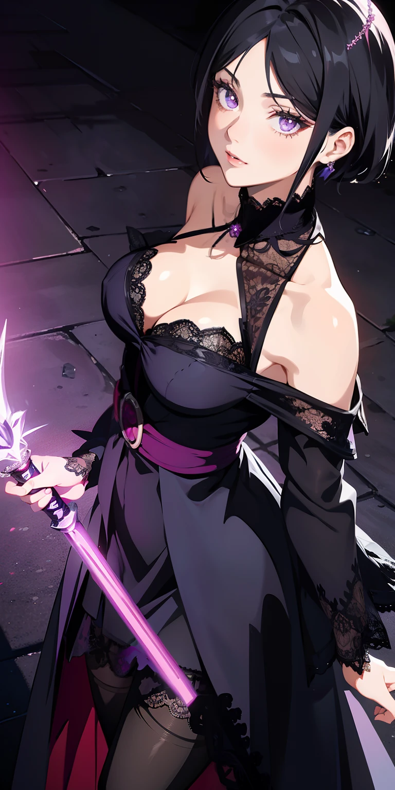 masterpiece, best quality, ultra-detailed, illustration,(1girl),beautiful detailed eyes, Sarada Uchiha, looking at viewer, close up, (breast focus), (arms behind back:1.2), (from above:1.1), black hair, black lace top, high neck lace, black lace covered shoulders, small breasts, (off shoulder:1.1), lace robe, caster robes, lace stockings, lace arm sleeves,glowing eyes, purple eyes, Red Tulle coat random pantyhose, black hair, purple eyes, Rennegan eyes, shining eyes, Wizard staff in hand, elegant staff, Wizard wand, Fairy wand, detailed wizard staff