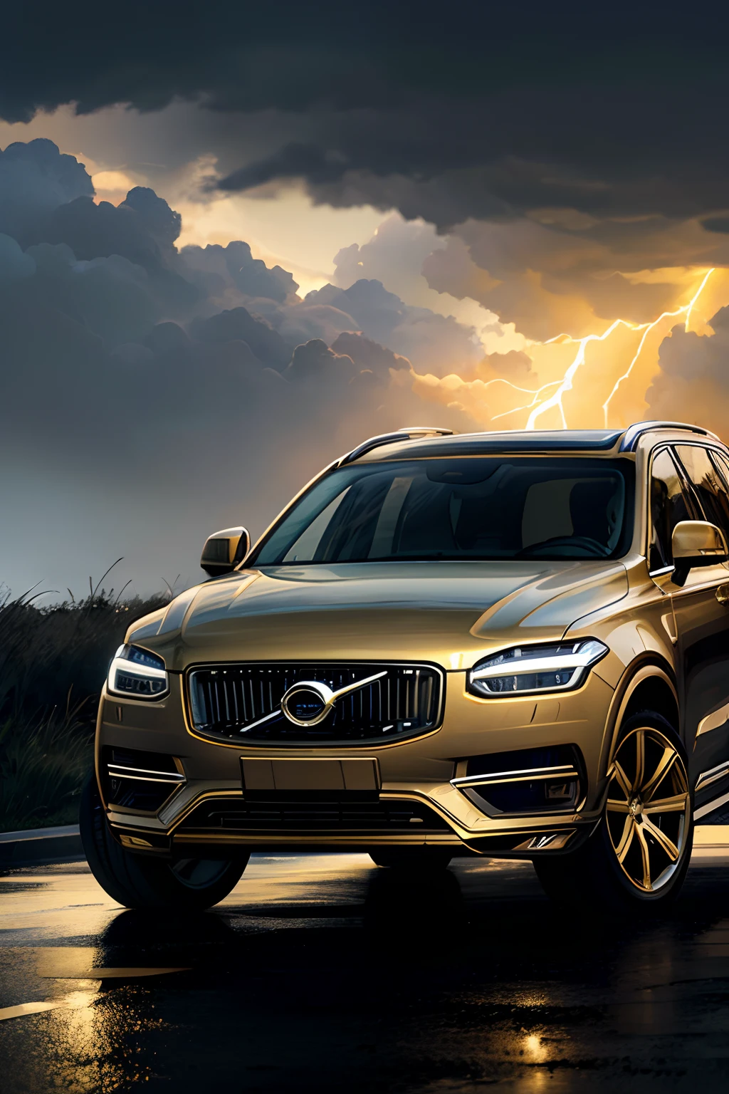 dramatic lighting, dark background, multiple lightning across the skies, cinematic shot of Car, (Gold Colour Volvo XC90: 1.1), misty, wide angel shot.