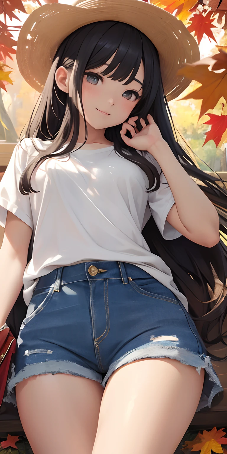 top-quality、Top image quality、masterpiece、 girl、The buttocks of the back figure stick out、Enhances skin luster、Dynamic super close-up looking up from below、Slightly thicker emphasis on the thighs、Denim shorts、Bare legged、Face Real、Face smile、Autumn foliage