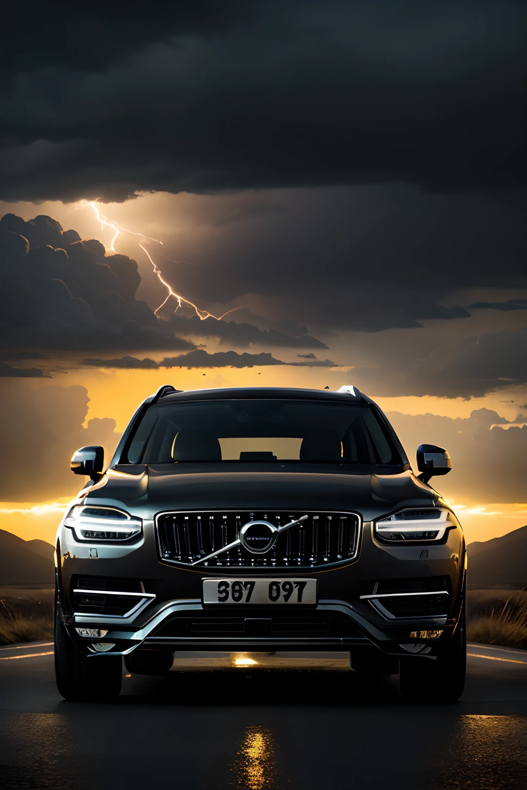 dramatic lighting, dark background, multiple lightning across the skies, cinematic shot of Car, (Gold Colour Volvo XC90: 1.1), misty, wide angel shot.