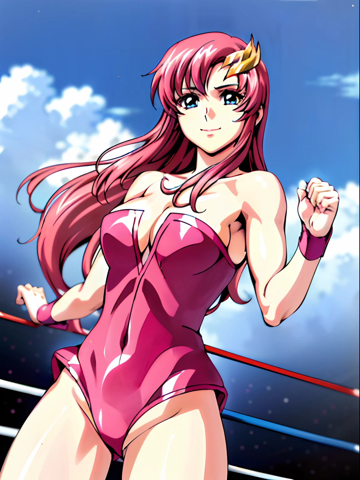 (((pink strapless wrestling outfit))), (masterpiece, standing , 4K, Best Quality, Anime style: 1.9,, Adult Woman, ultra detailed face, (cloud background, wrestling), Drawing lines, high resolution, Anime, lacus4), 1girl, Solo, curvy figure, Long hair, 鎖骨, scapular, (Detailed wide hair bangs, Hair Ornament, Detailed reddish-pink hair, golden crest), cleavage, large hands, (pro female wrestler). (Big blue eyes, shiny eyes), ((female wrestler, little biceps, slender body, broad shoulders, closed fists, closed mouth)), ((perfect proportions, medium breasts, cleavage, long belly)), (((mini pink wrestling outfit))),( looking at the viewer, gentle, smile),