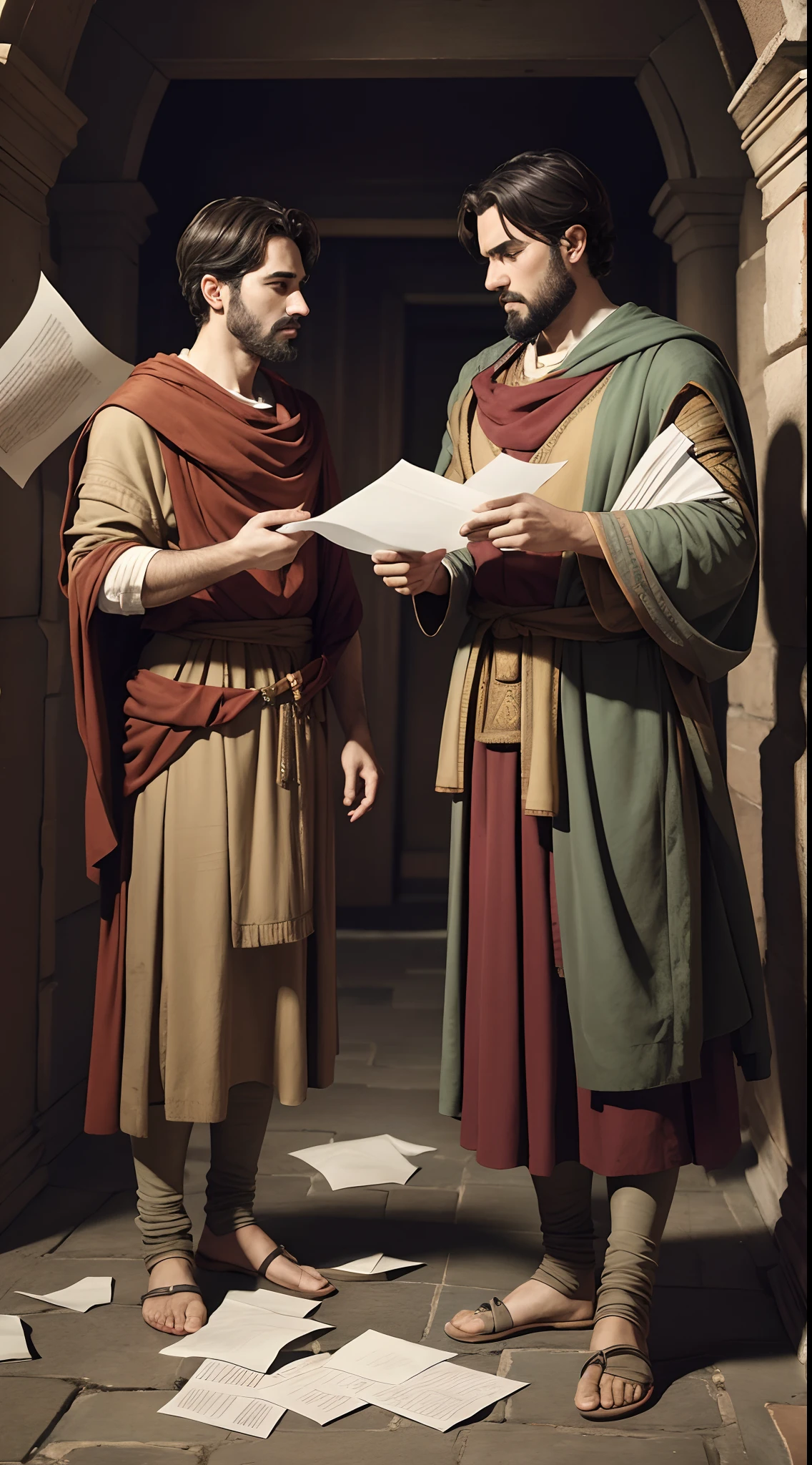 two twin men who were discussing in the room, scattering papers, dramatically,4th century