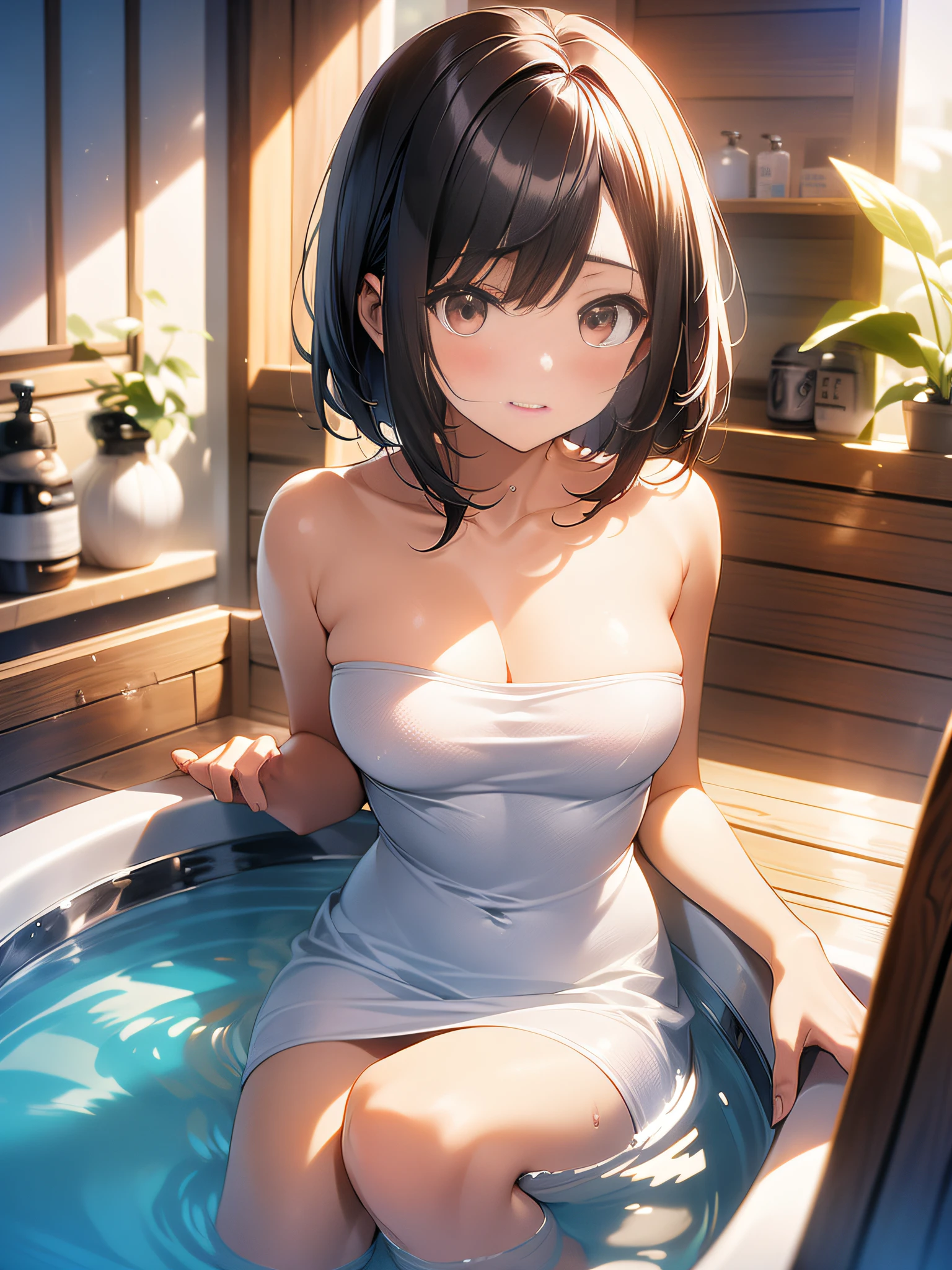 in 8K、top-quality、​masterpiece、ultra-detailliert、Ultra-high resolution、((1 persons))、girl with、A dark-haired、a short bob、Sauna room、perspiring、Red face、Hide your breasts with a bath towel、steams、Hot