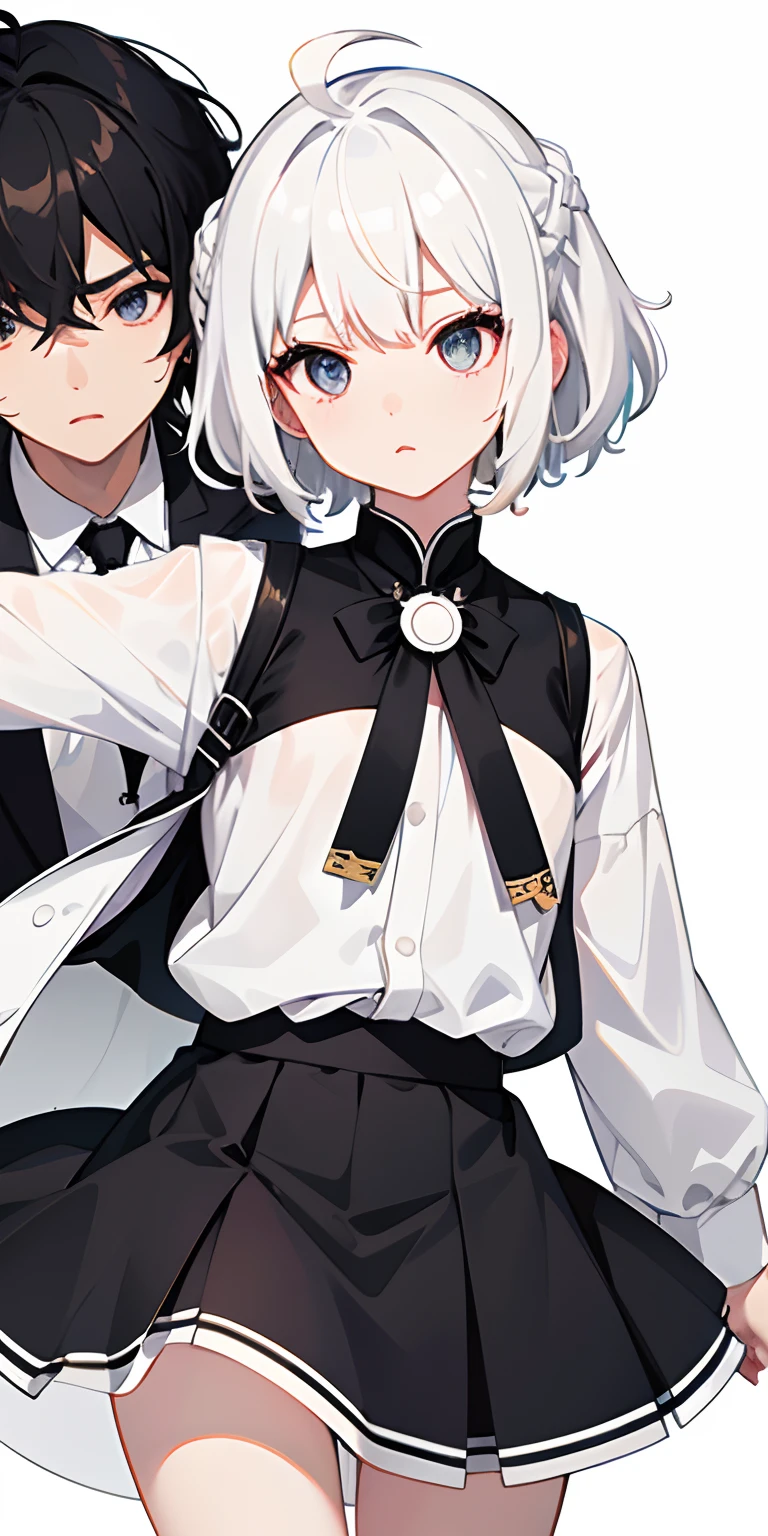 (独奏)、(female focus)、(Ahoge、white hair、short-hair、Undercut)、(Black eye)、(White shirt)、(buttoned shirt)、(Black skirt)、White background、back arms