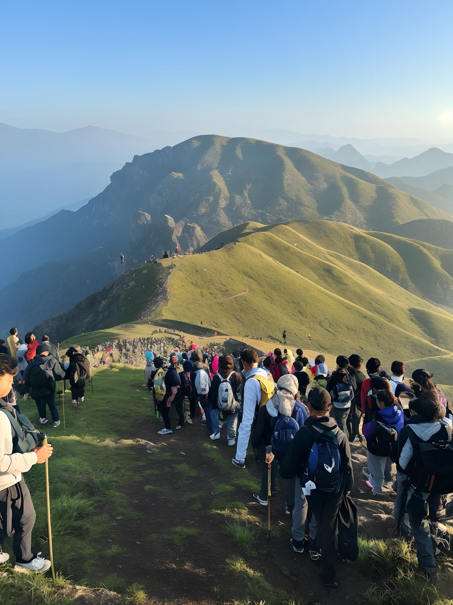 Alappis on top of the mountain with the crowd, during sunrise, 8 k''. filling most of the view, 8 k''. filling of the view, photo from a spectator, guangjian, Far view, Highlight, crowded and populated, zun, Many people, View, 8 k'' ), Good morning, moutain in background