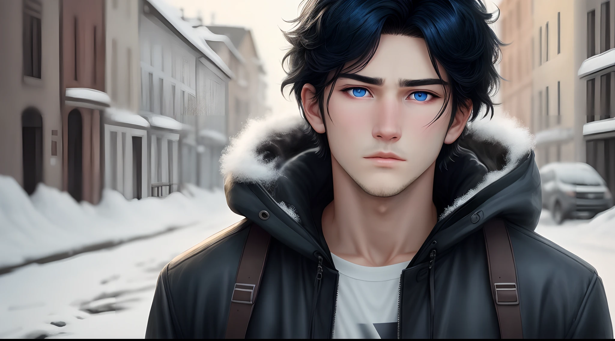 A cold faced male with black hair and blue eyes