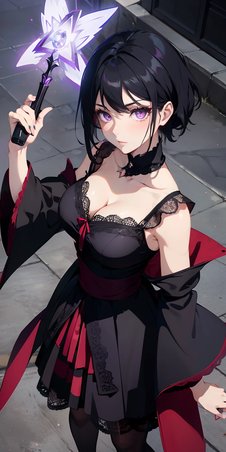 masterpiece, best quality, ultra-detailed, illustration,(1girl),beautiful detailed eyes, Sarada Uchiha, looking at viewer, close up, (breast focus), (arms behind back:1.2), (from above:1.1), black hair, black lace top, high neck lace, black lace covered shoulders, small breasts, (off shoulder:1.1), lace robe, caster robes, lace stockings, lace arm sleeves,glowing eyes, purple eyes, Red Tulle coat random pantyhose, black hair, purple eyes, Rennegan eyes, shining eyes, Wizard staff in hand, elegant staff, Wizard wand, Fairy wand, detailed wizard staff
