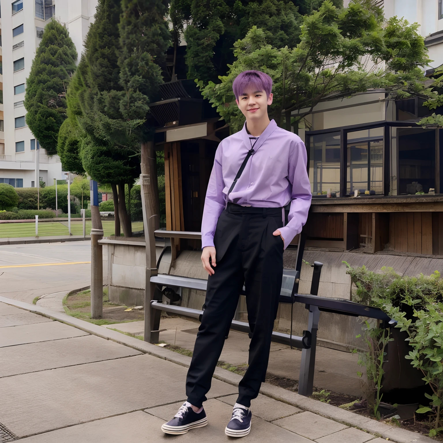 1 man with a pale face, purple pixie hair, beautiful black eyes, cute body with Japanese school uniform, standing black trousers, garden view with blue sky and beautiful clouds, black tie, full body, smiling, realistic, detailed hands, detailed face, detailed feet, detailed shoes, detailed clothes, detailed hair, and detailed scenery