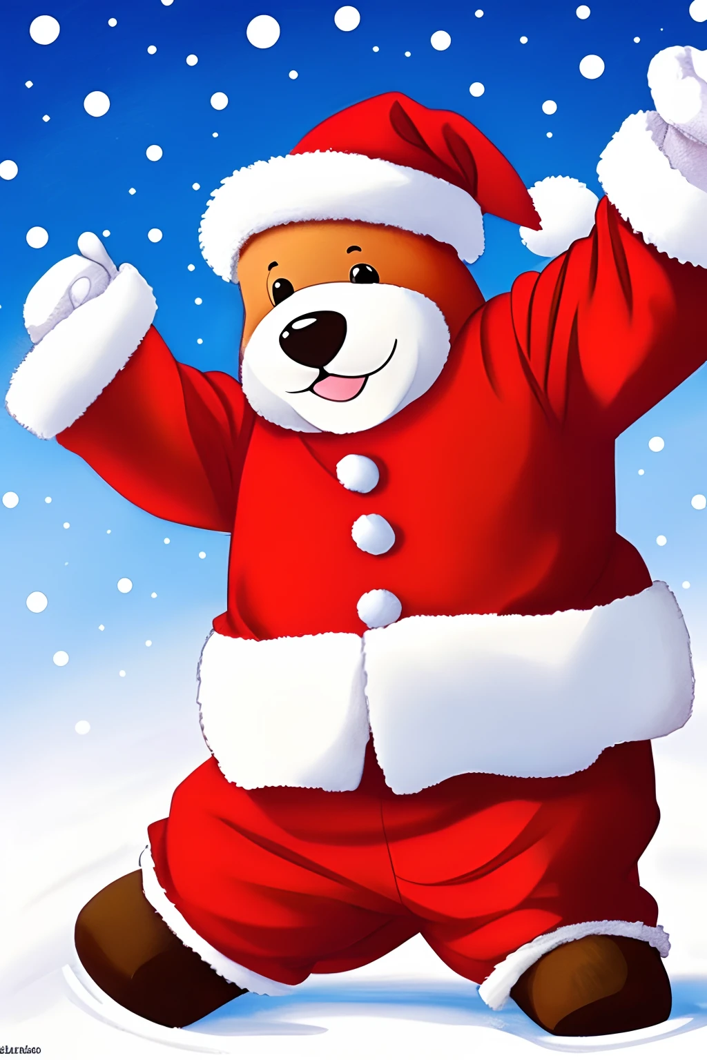 Draw an illustration of a cute bear dancing happily in a Santa Claus costume