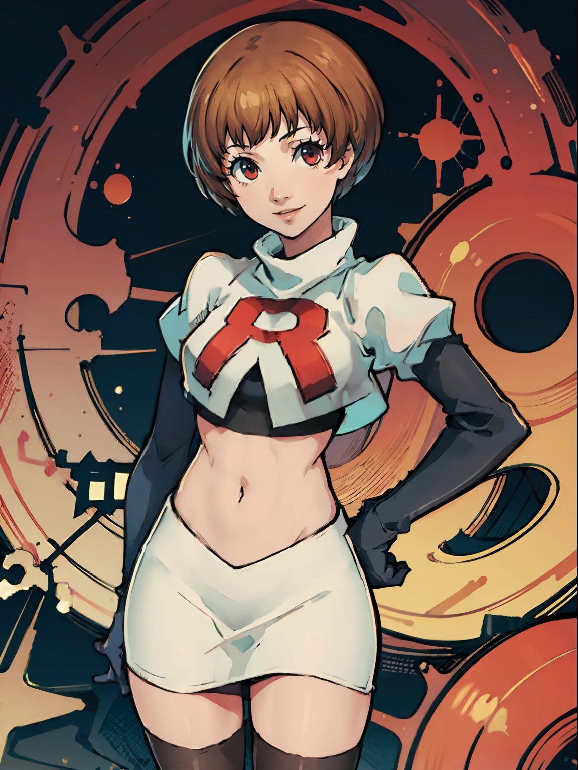 satonaka chie, team rocket,team rocket uniform, red letter R, white skirt,white crop top,black thigh-highs,black elbow gloves, confident smile