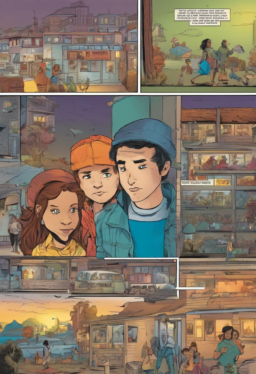 American comics, The story of an asylum-seeking family. The comic is presented in several irregular panels with color. The family goes through hardships as they flee their home country, puis se retrouve au canada. The style is exaggerated and detailed