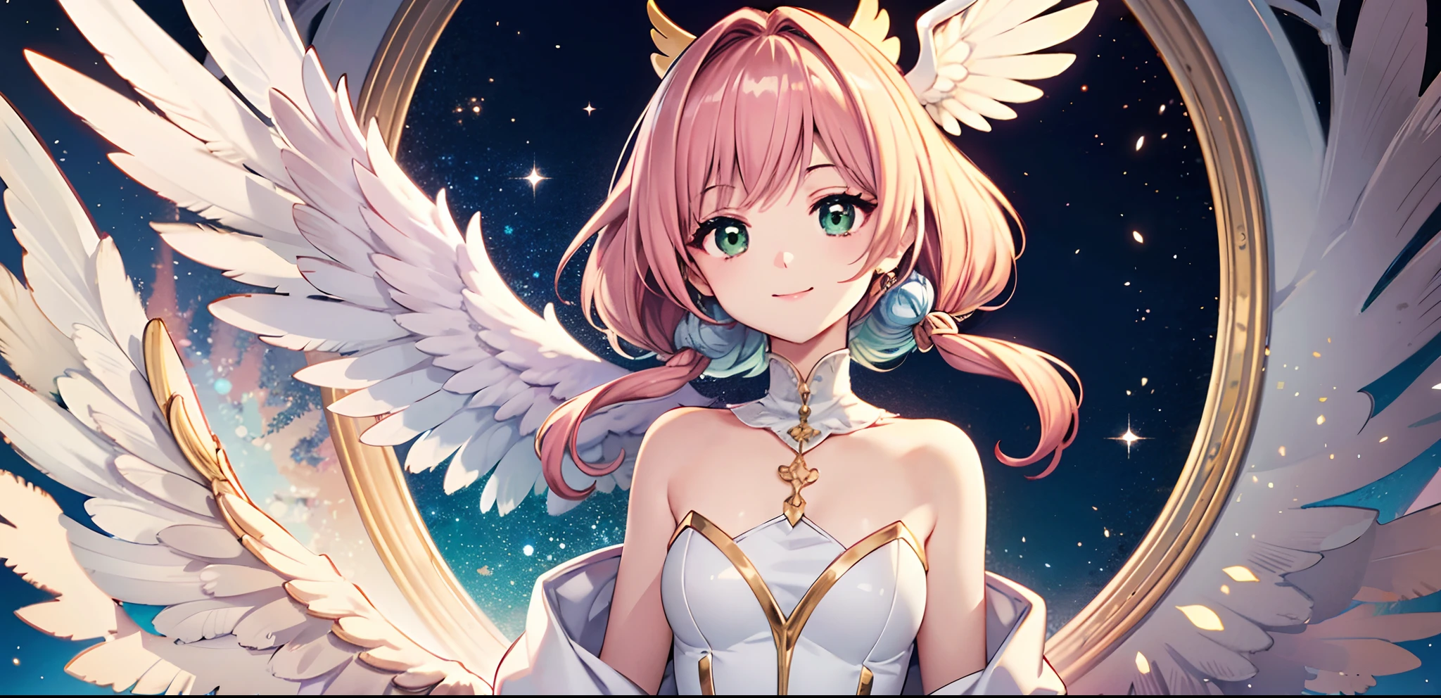 Angel wings shining in seven colors、Kawaii Girl、adorable smiling、Light blue long hair、Twin-tailed、Light pink, Green and white angel leotard、((top-quality))、((​masterpiece))、(ighly detailed、highestdetailed、Official art、Beautifully Aesthetic:1.2)