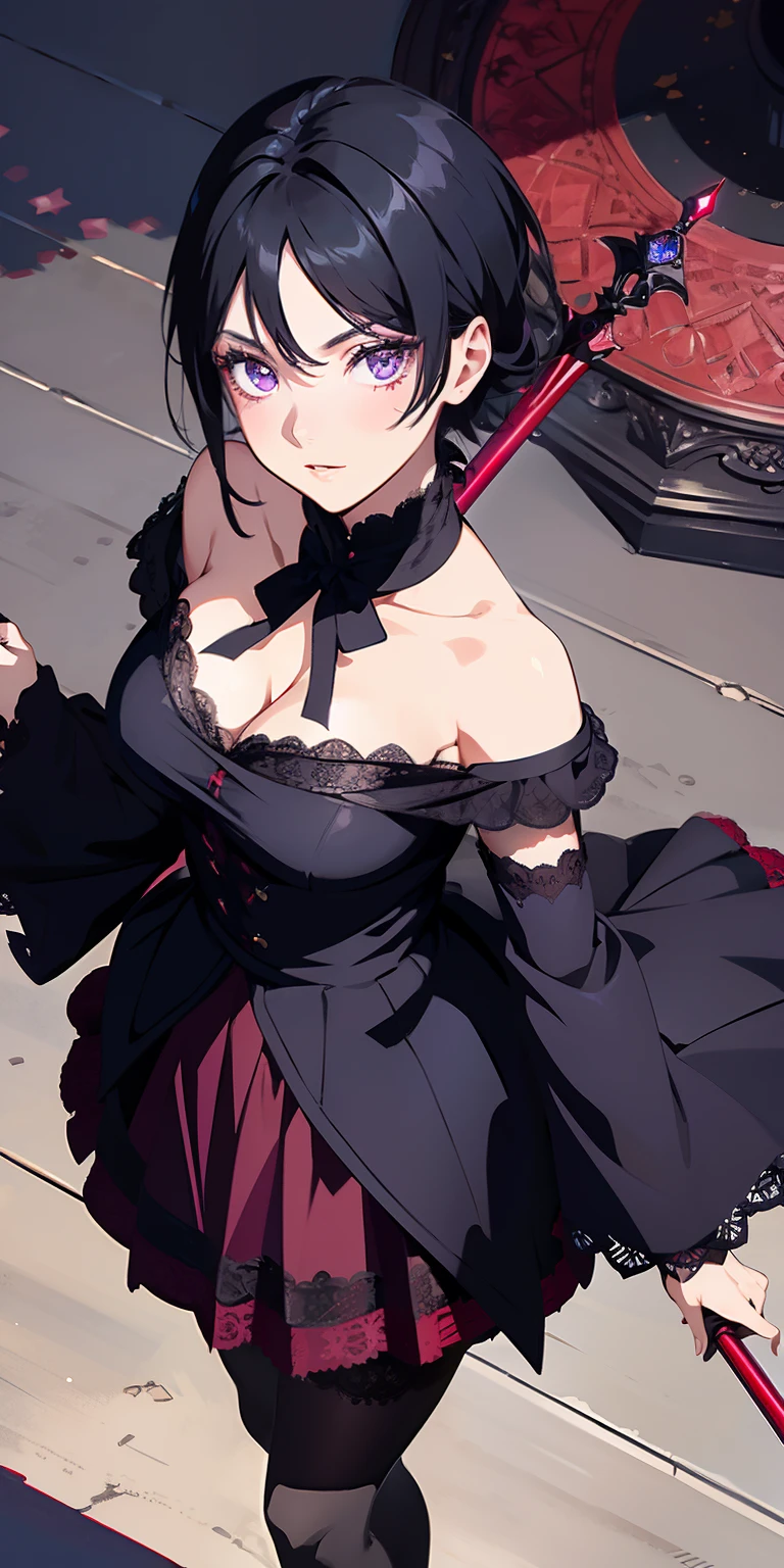 masterpiece, best quality, ultra-detailed, illustration,(1girl),beautiful detailed eyes, Sarada Uchiha, looking at viewer, close up, (breast focus), (arms behind back:1.2), (from above:1.1), black hair, black lace top, high neck lace, black lace covered shoulders, small breasts, (off shoulder:1.1), lace robe, caster robes, lace stockings, lace arm sleeves,glowing eyes, purple eyes, Red Tulle coat random pantyhose, black hair, purple eyes, Rennegan eyes, shining eyes, Wizard staff in hand, elegant staff, Wizard wand, Fairy wand, detailed wizard staff