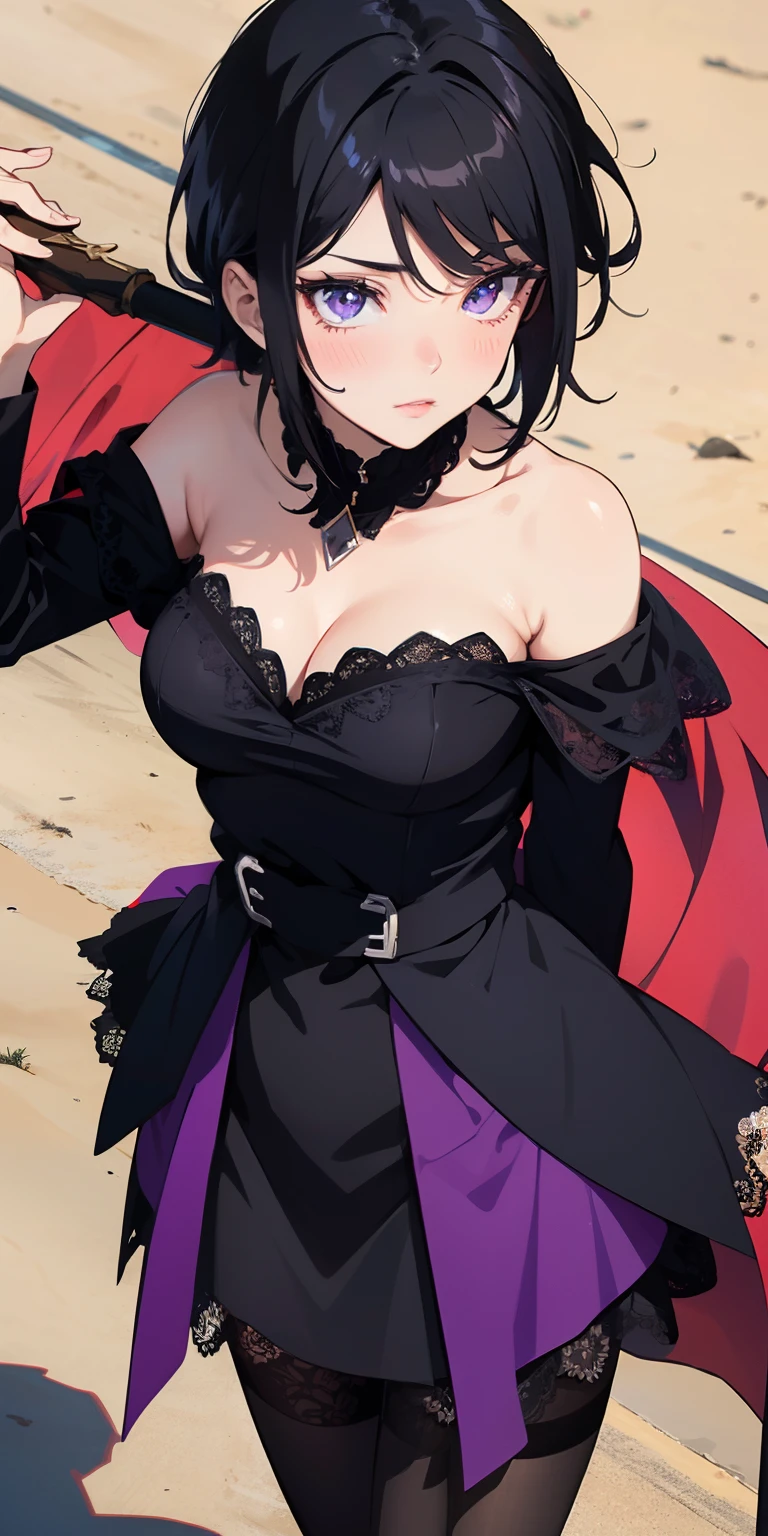 masterpiece, best quality, ultra-detailed, illustration,(1girl),beautiful detailed eyes, Sarada Uchiha, looking at viewer, close up, (breast focus), (arms behind back:1.2), (from above:1.1), black hair, black lace top, high neck lace, black lace covered shoulders, small breasts, (off shoulder:1.1), lace robe, caster robes, lace stockings, lace arm sleeves,glowing eyes, purple eyes, Red Tulle coat random pantyhose, black hair, purple eyes, Rennegan eyes, shining eyes, Wizard staff in hand, elegant staff, Wizard wand, Fairy wand, detailed wizard staff