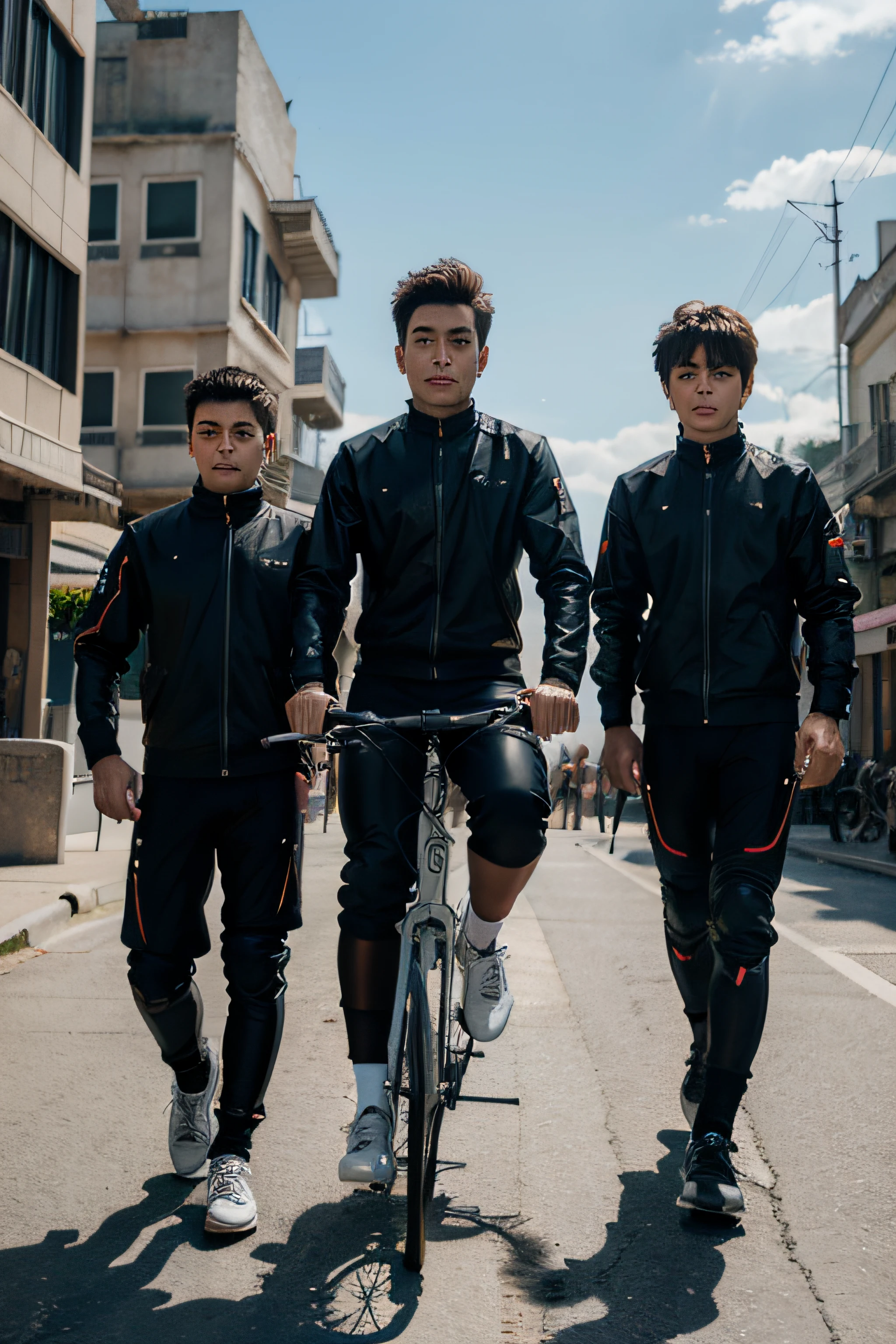 three boys on a bike anime face 8k uitra futuristic background