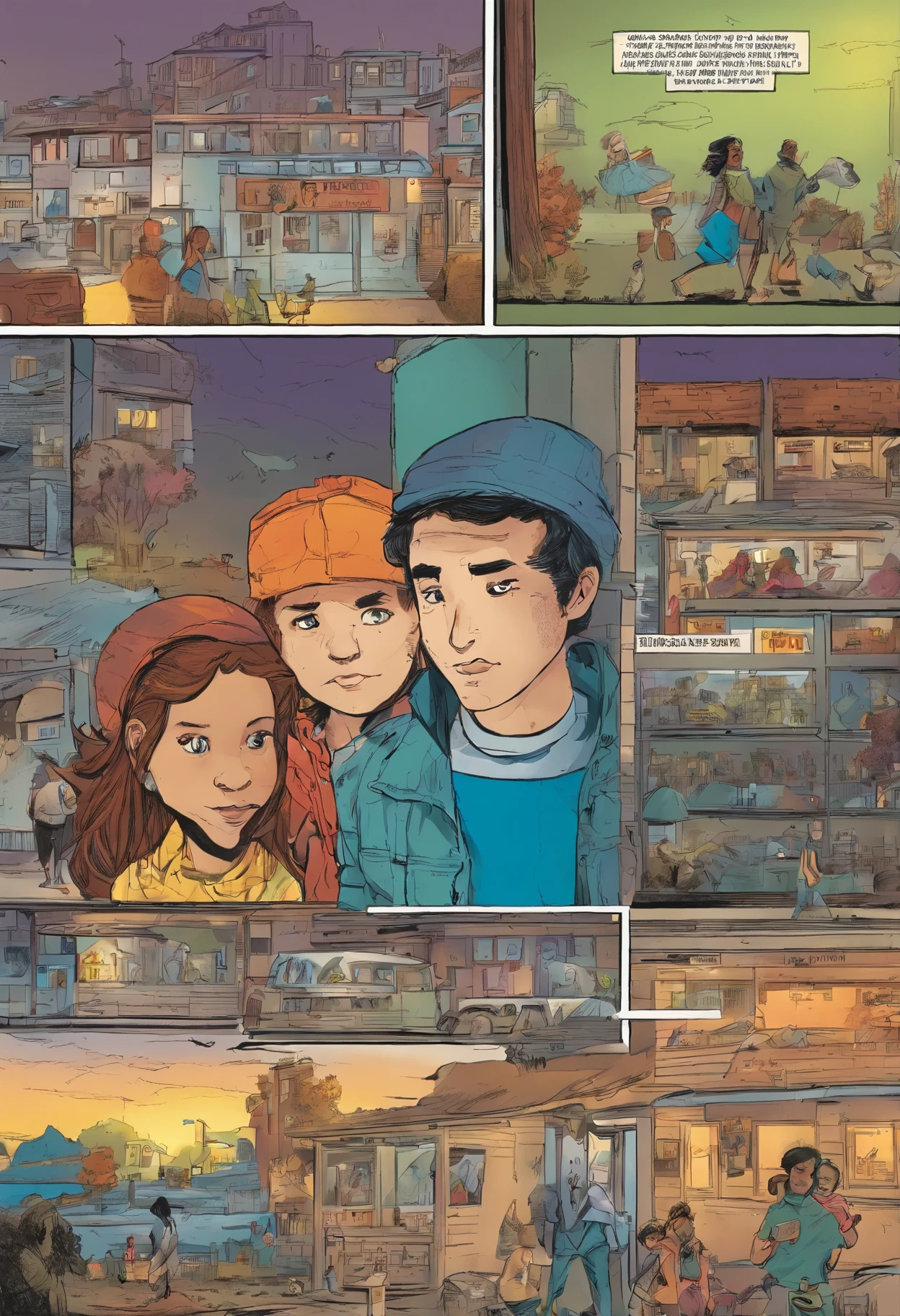American comics, The story of an asylum-seeking family. The comic is presented in several irregular panels with color. The family goes through hardships as they flee their home country, puis se retrouve au canada. The style is exaggerated and detailed