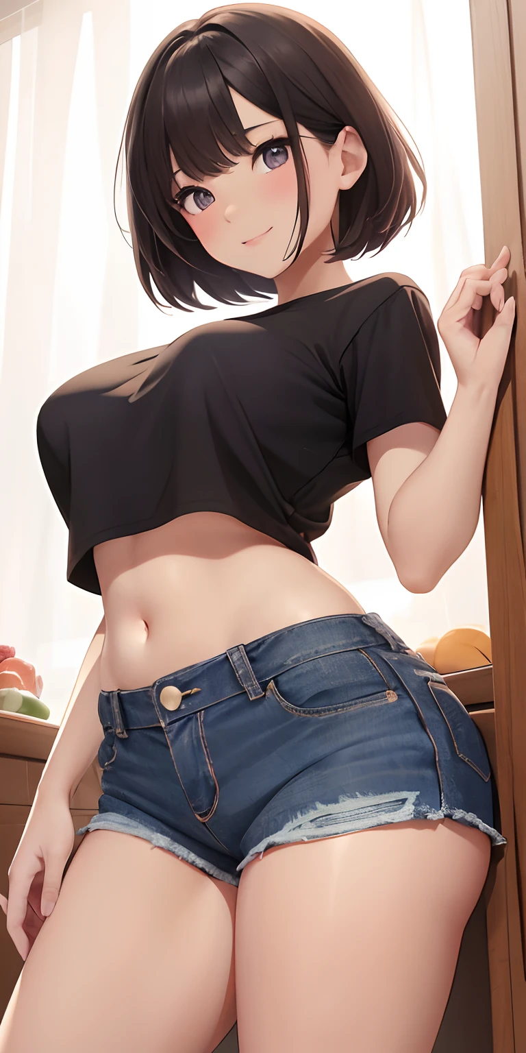 top-quality、Top image quality、masterpiece、Buttock emphasis、Diagonally back、 girl、skin gloss、(Dynamic super close-up looking up from below with slightly larger breasts)、Breasts a little bigger、Slightly thicker emphasis on the thighs、Purple sheer t-shirt、Denim shorts、Bare legged、Face Real、Face smile、Autumn foliage、Versatile sexy poses、Hair Short Bob