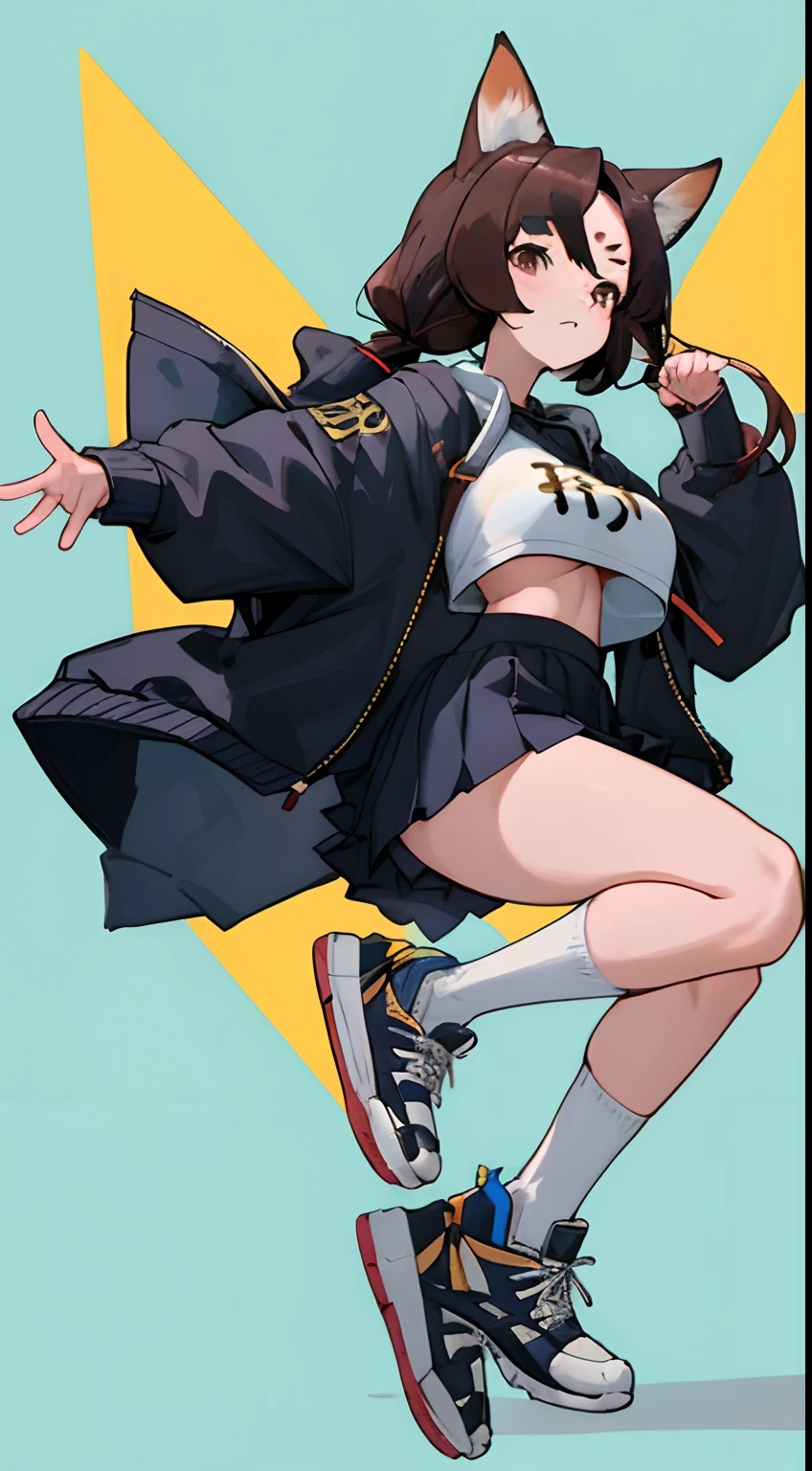 Dog ears，Bigboobs，cropped shoulders，knee length socks，pleatedskirt，athletic sneakers，hoody，Stand up，（（middle parted hairstyle））