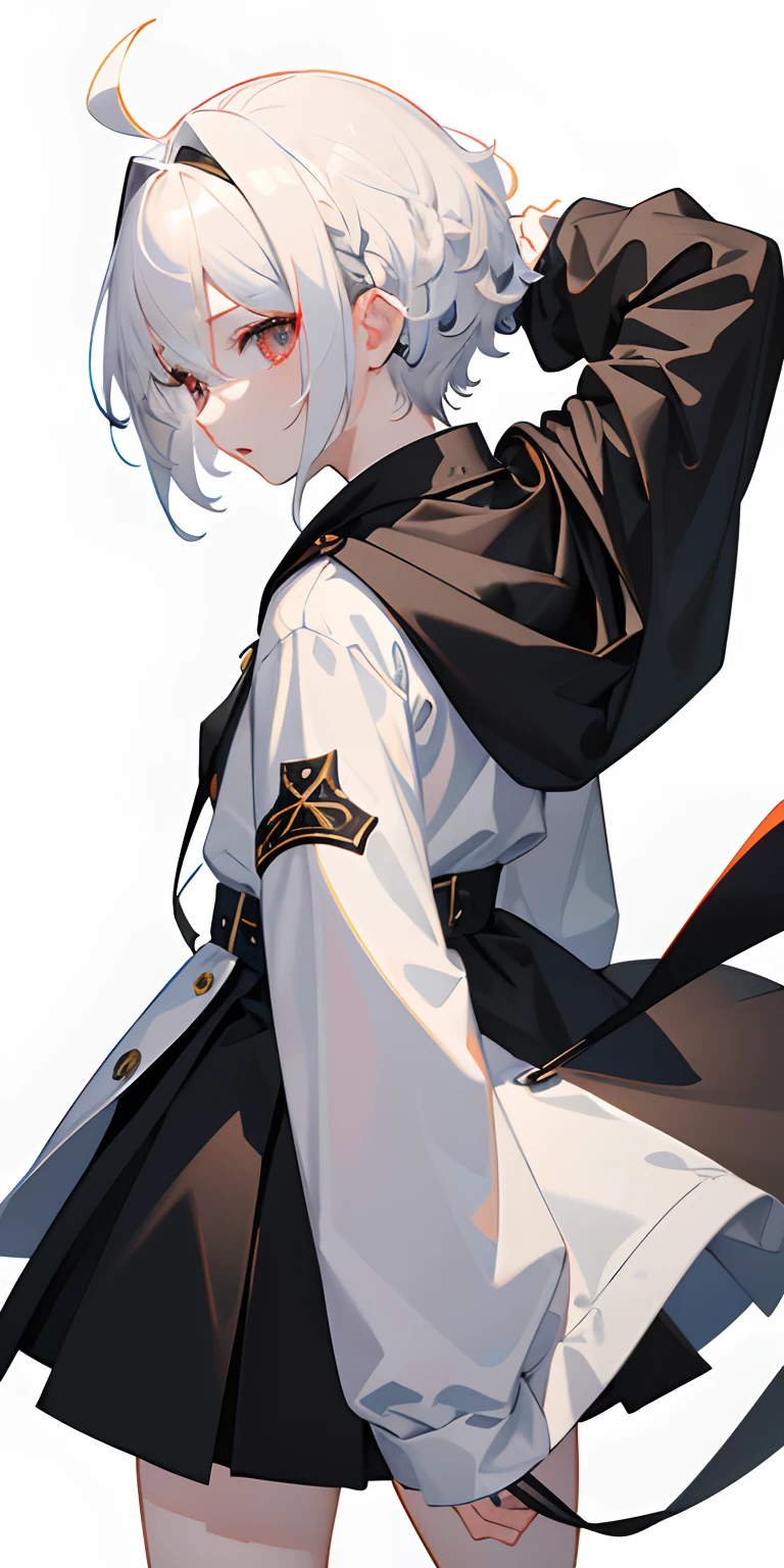 ((​masterpiece、top-quality))、(独奏)、(female focus)、(Ahoge、white  hair、short-hair、Undercut)、(Akame)、(parka)、(Black skirt)、White background、back arms、aloneness
Handgun、Hold