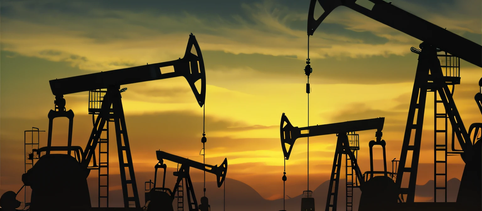 There are many oil pumps at sunset with a sky background, Oil dereks on the horizon, oilfield scene, grosseiro, oils, Oil Platform, foto tirada, Background Story, foto ainda, energia a gasolina, iStock, imagem impressionante, intricate oil sweeps, conceitual, trending ，, ouro, cena maravilhosa, imagem do produto de alta qualidade", Beautiful image, pano de fundo, graphic, Ativo