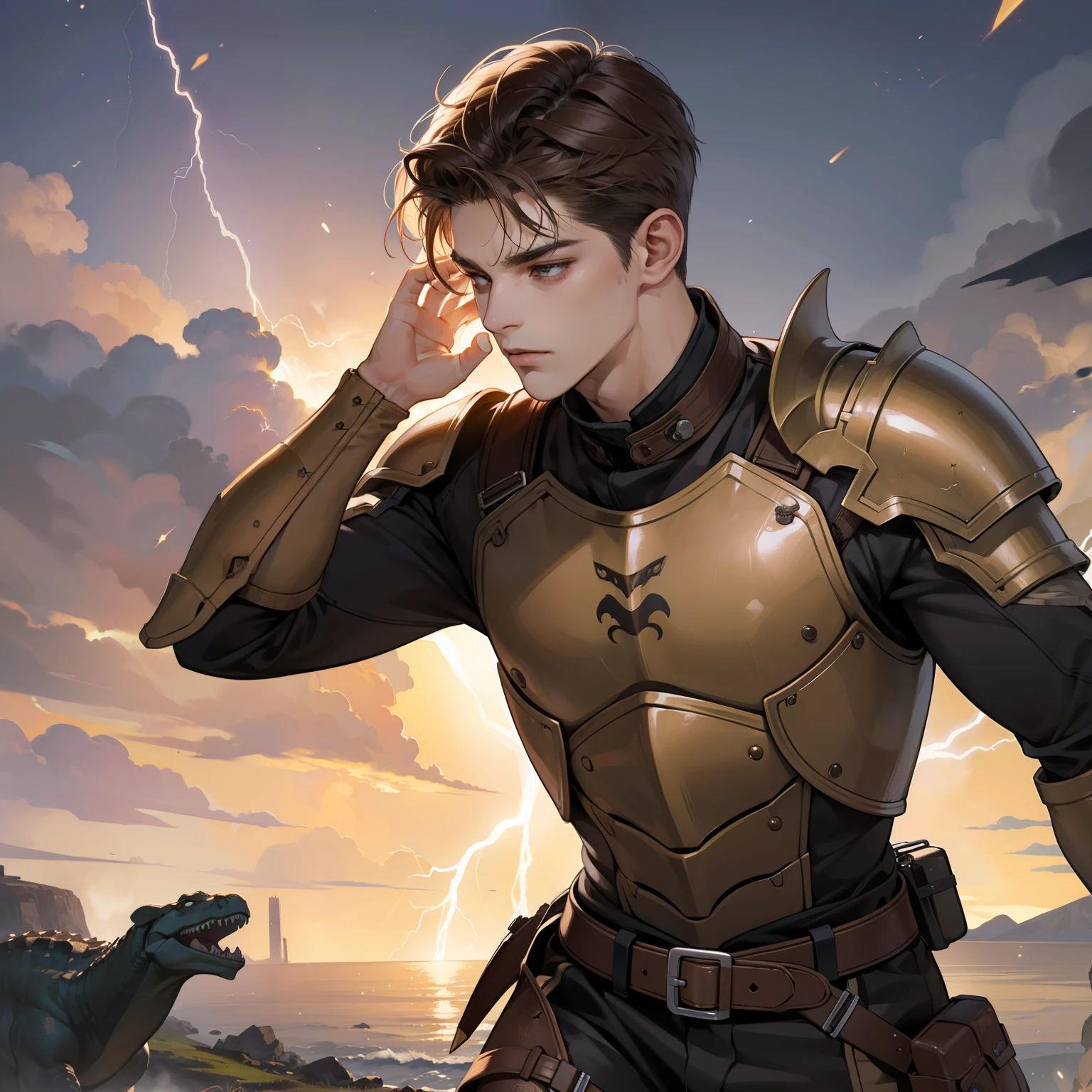 Masterpiece, high quality, best quality, HD, realistic, perfect lighting, detailed body, 1 man, brown undercut hair, facial expression, Dinosaur armor, lightning background.