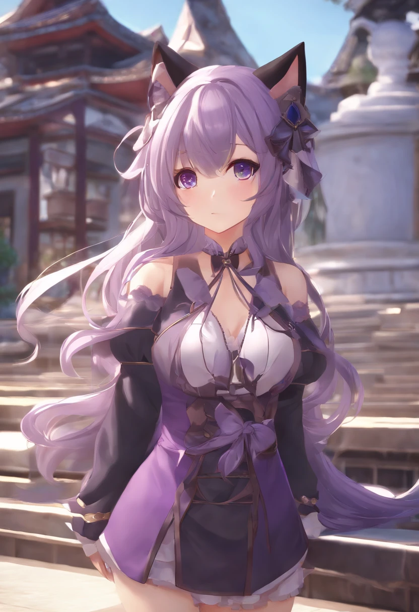 Anime Girl, Purple cat ears, Long hair, Beautiful clothes, Gubes style, 4K clarity, CG Station Pop, Antique architecture, Seductive Girl, Attractive, Genshin Kel, Anime style, 8K, beautiful anime woman, Girl Front.Hentai