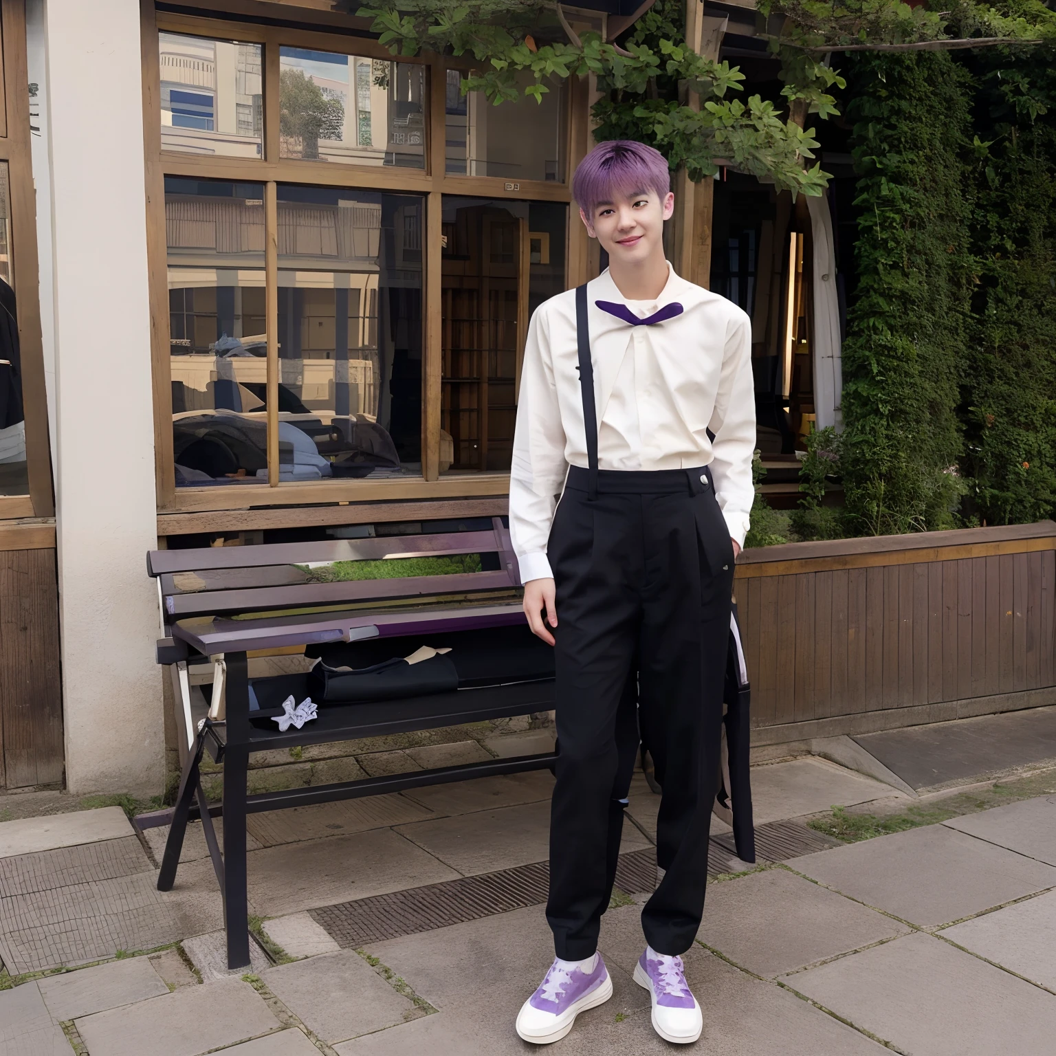 1 man with a pale face, purple pixie hair, beautiful black eyes, cute body with Japanese school uniform, standing black trousers, garden view with blue sky and beautiful clouds, black tie, full body, smiling, realistic, detailed hands, detailed face, detailed feet, detailed shoes, detailed clothes, detailed hair, and detailed scenery