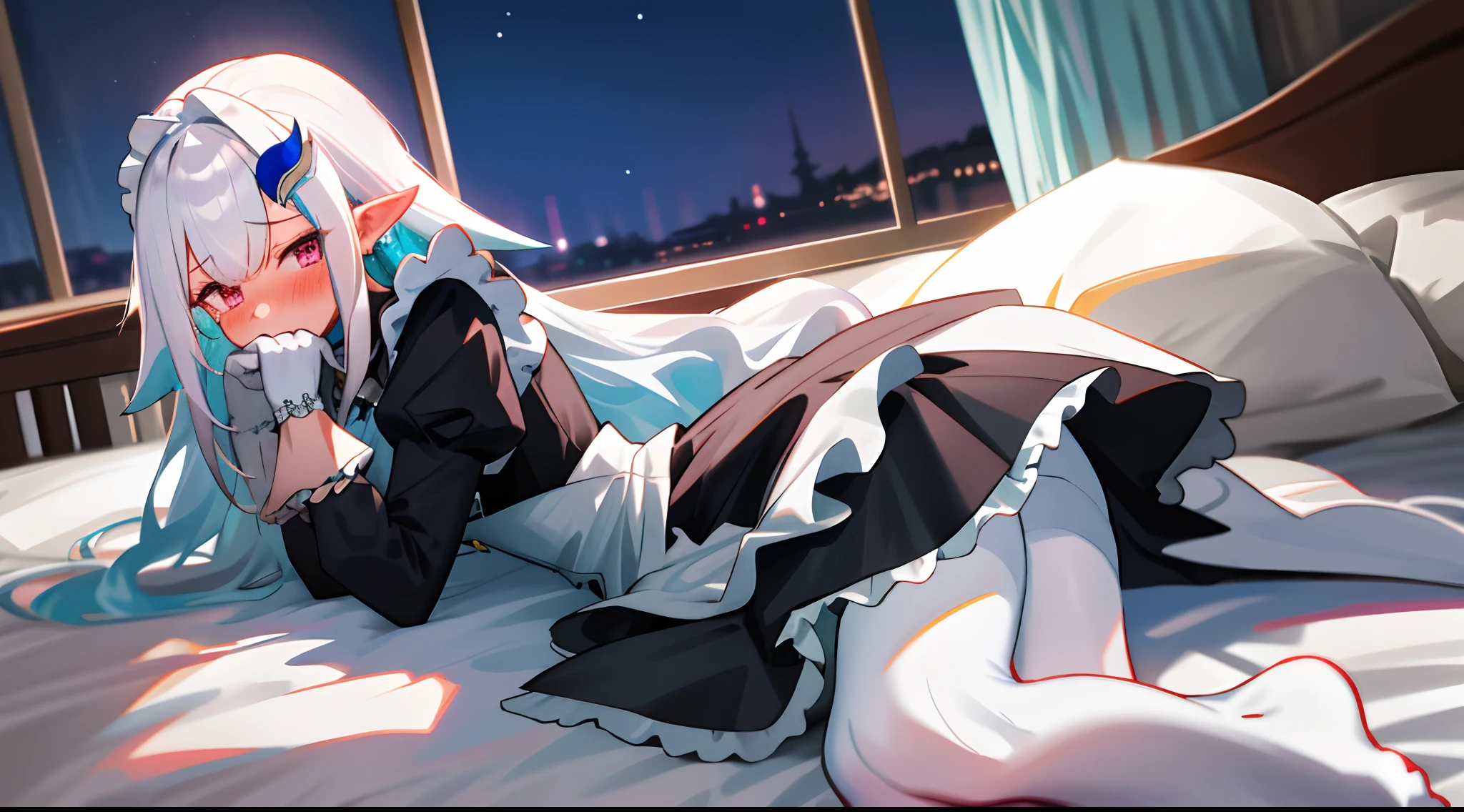 One girl with long wavy hair, white hair, looking at viewer, embarrassed, blushing, tears, indoor , maid dress, black maid dress, maid apron, maid head accessories, puff long sleeves, mini skirt, thigh, pointy ears, perfect waist, bed, night atmosphere, hair ornament, laying on, white pantyhose, lace gloves,