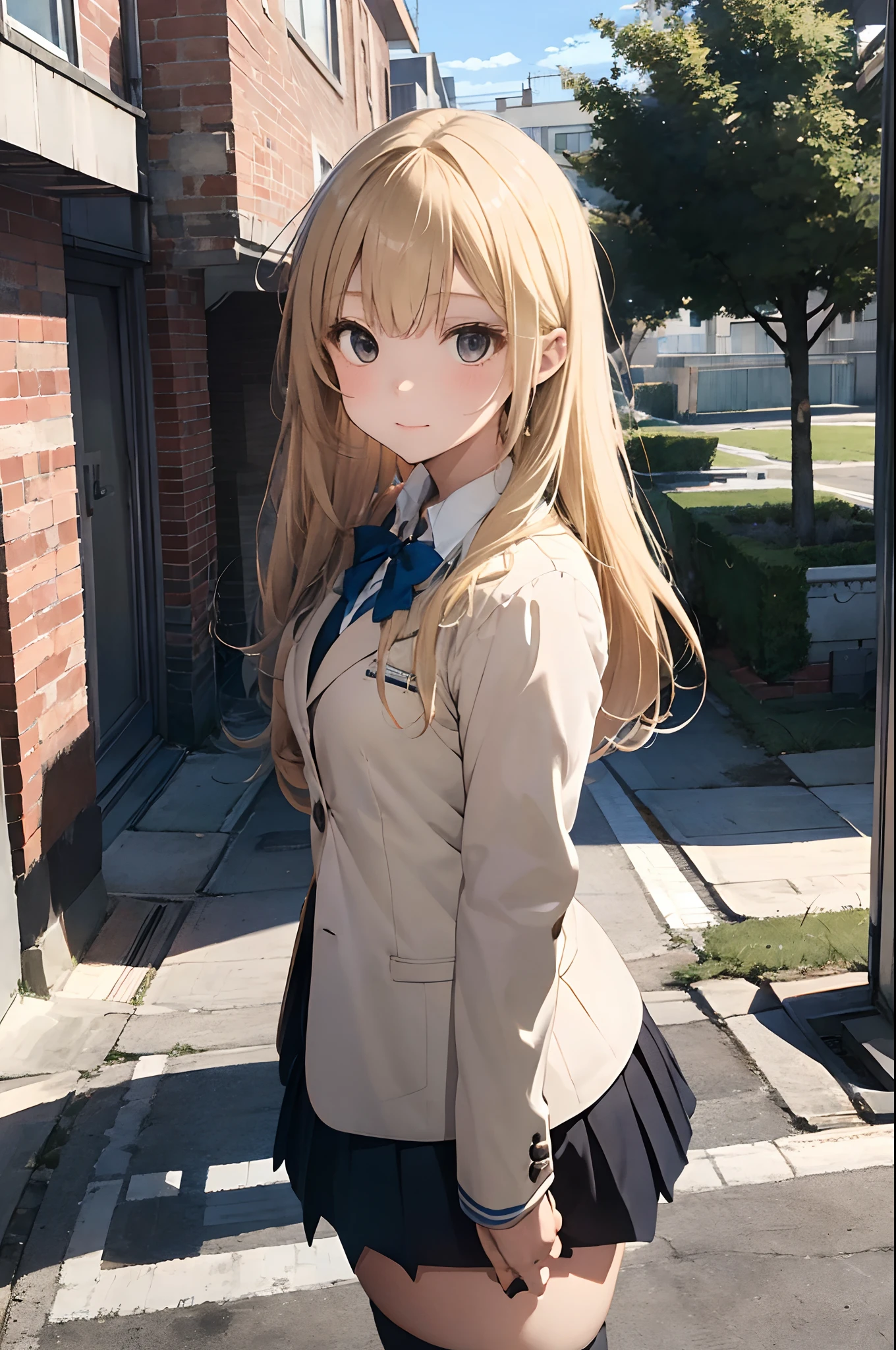 Portrait of a high school girl in a uniform with blazer and miniskirt facing straight ahead,Blonde and twin-tailed、The background is a school building surrounded by nature