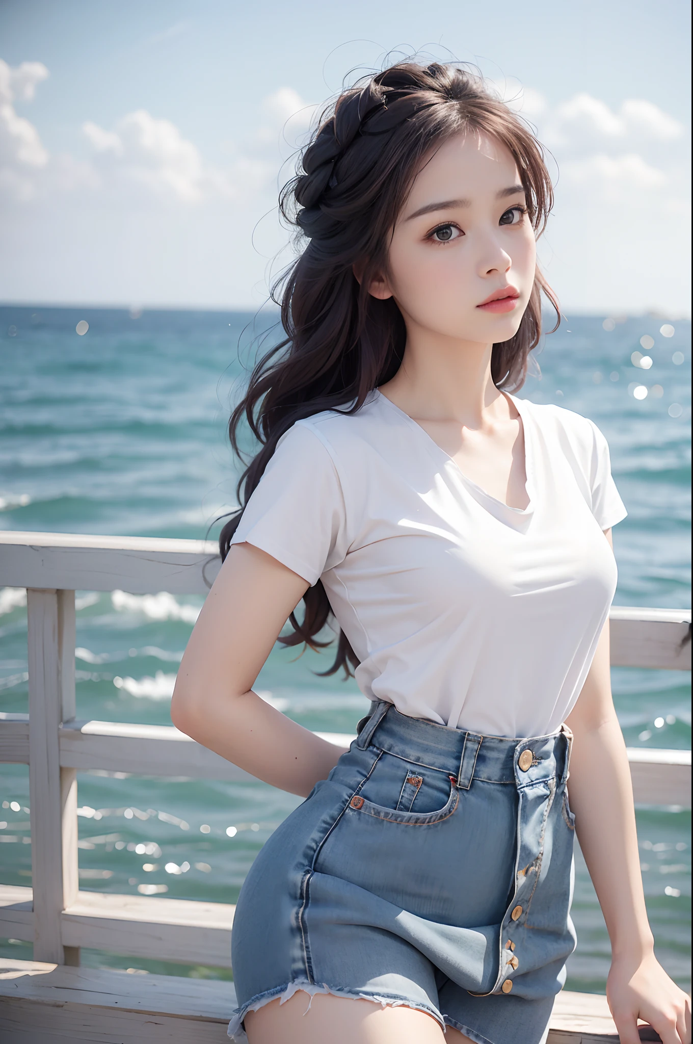 (Masterpiece, Superb work,4K 分辨率, Ultra-realistic:1.3),Girl posing for photo in white shirt and pleated skirt,(A half body:1.2),Slim body,(medium chest circumference),Slim girl model,24 years old female model,(Have by the sea:1.3),Soft light,Detailed background,Coordinated body proportions,(Denim skirt:1.2),facial closeups,well detailed face,(white shirt),(pleatedskirt),