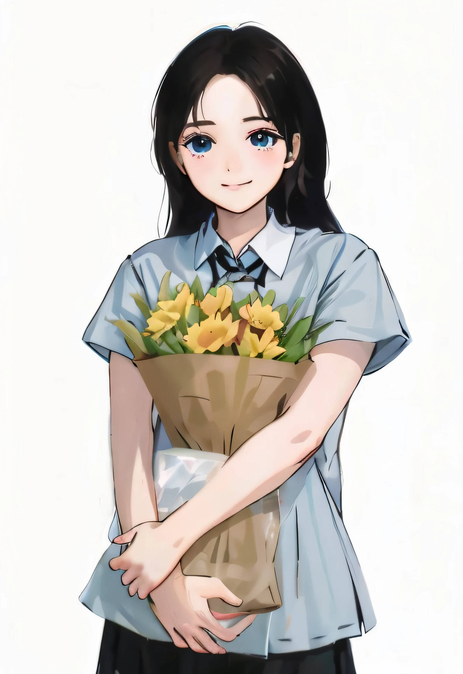 Anime girl holding flowers in her hand, With flowers, Holding flowers, carrying flowers, anime moe art style, Marin Kitagawa fanart, anime visual of a cute girl, made with anime painter studio, beautiful sunflower anime girl, hyuga hyuga, makoto shinkai art style, in an anime style, up of young anime girl, sakimi chan, flowers in her dark hair