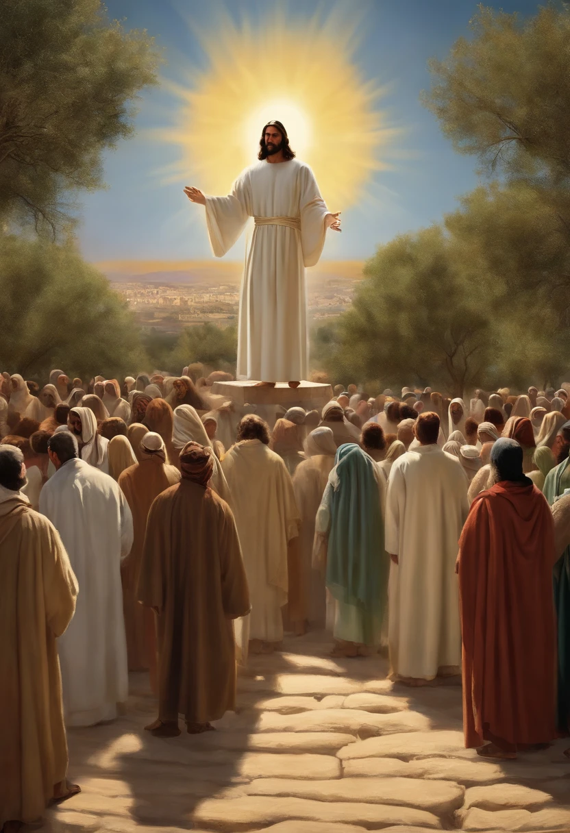 Jesus negro, vestido com um manto branco, is at the top of the Mount of Olives. He is surrounded by a large crowd of people who have gathered to hear his words. The sun is shining brightly in the clear blue sky, iluminando a cena. As oliveiras, verde e frondoso, Rodeie o Monte, criando uma paisagem deslumbrante. Jesus has his hands raised, Preaching to the crowd. The crowd is silent, escutando atentamente suas palavras.