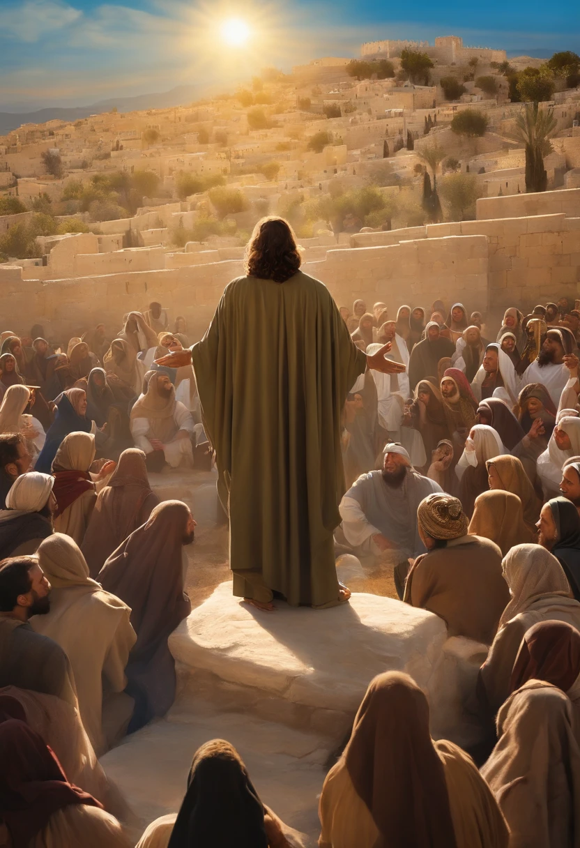 Jesus negro, vestido com um manto branco, is at the top of the Mount of Olives. He is surrounded by a large crowd of people who have gathered to hear his words. The sun is shining brightly in the clear blue sky, iluminando a cena. As oliveiras, verde e frondoso, Rodeie o Monte, criando uma paisagem deslumbrante. Jesus has his hands raised, Preaching to the crowd. The crowd is silent, escutando atentamente suas palavras.