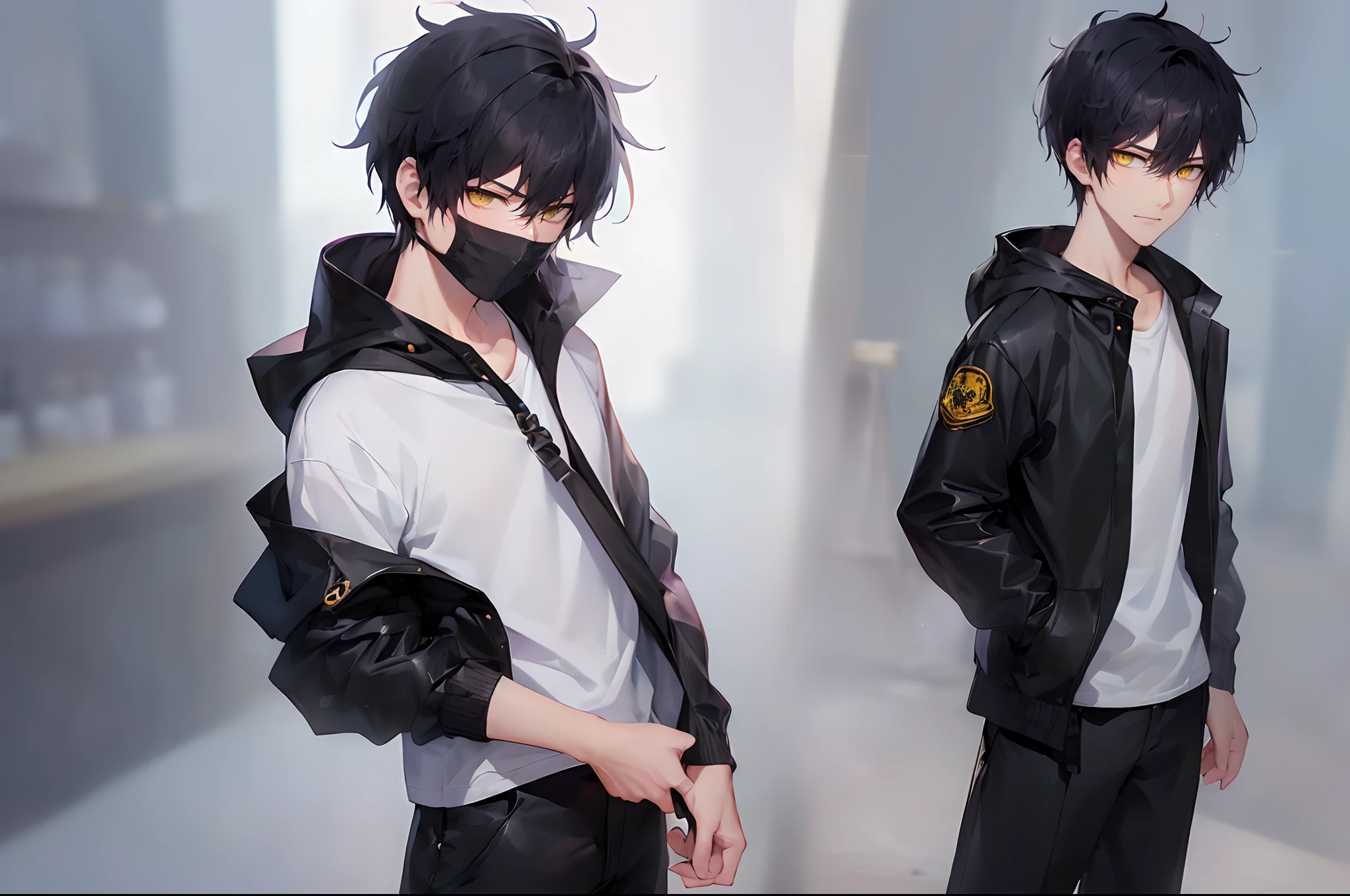 (4K works))、masterpiece、(top-quality)、In front of the wall、Korean Male、Adult male、((Adult 26 years old))、((Face similar to Hyun Jin))、Cool Men、tall、((Glaring expression))、((Sleepy face))、((Strong eyes))、((Wearing a white T-shirt and a black hooded jacket、Wearing long black pants))、((Wear a black mask))、((smaller face))、Slim body、((How to stand selling fights))、((Cheeky way of standing))、((hooligan))、((Black short-haired))、((Yellow eyes))、((shot from front))、((Looking down on the viewer))、((rearing))、Dull-looking pose、((Shot alone))、((Solo Photography))