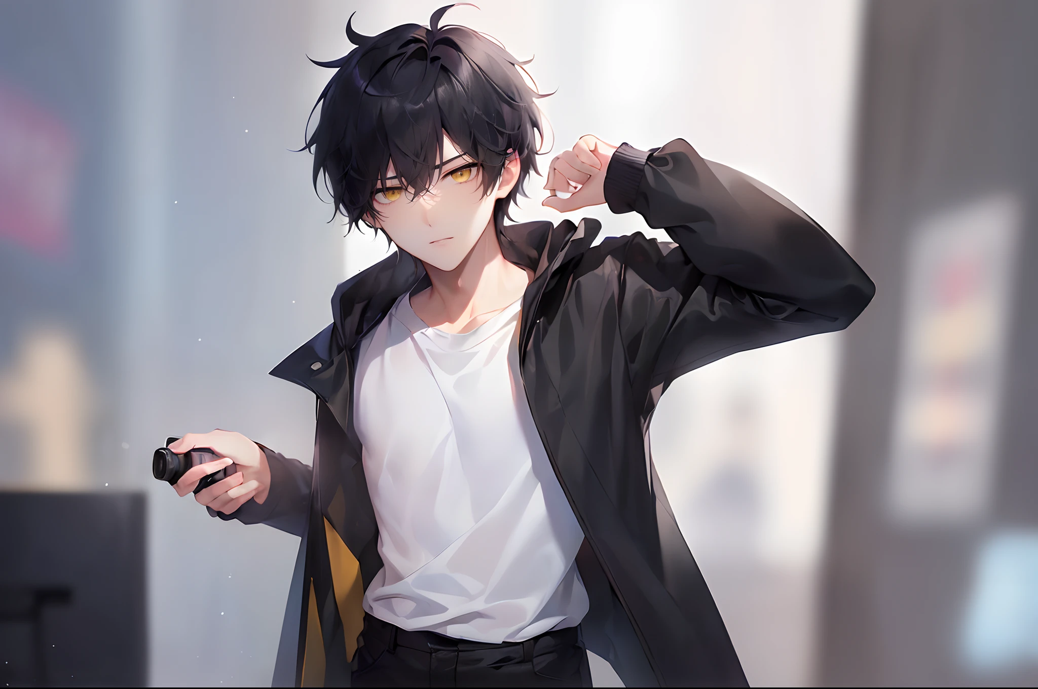 (4K works))、masterpiece、(top-quality)、In front of the wall、Korean Male、Adult male、((Adult 26 years old))、((Face similar to Hyun Jin))、Cool Men、tall、((Glaring expression))、((Sleepy face))、((Strong eyes))、((Wearing a white T-shirt and a black hooded jacket、Wearing long black pants))、((Wear a black mask))、((smaller face))、Slim body、((How to stand selling fights))、((Cheeky way of standing))、((hooligan))、((Black short-haired))、((Yellow eyes))、((shot from front))、((Looking down on the viewer))、((rearing))、Dull-looking pose、((Shot alone))、((Solo Photography))