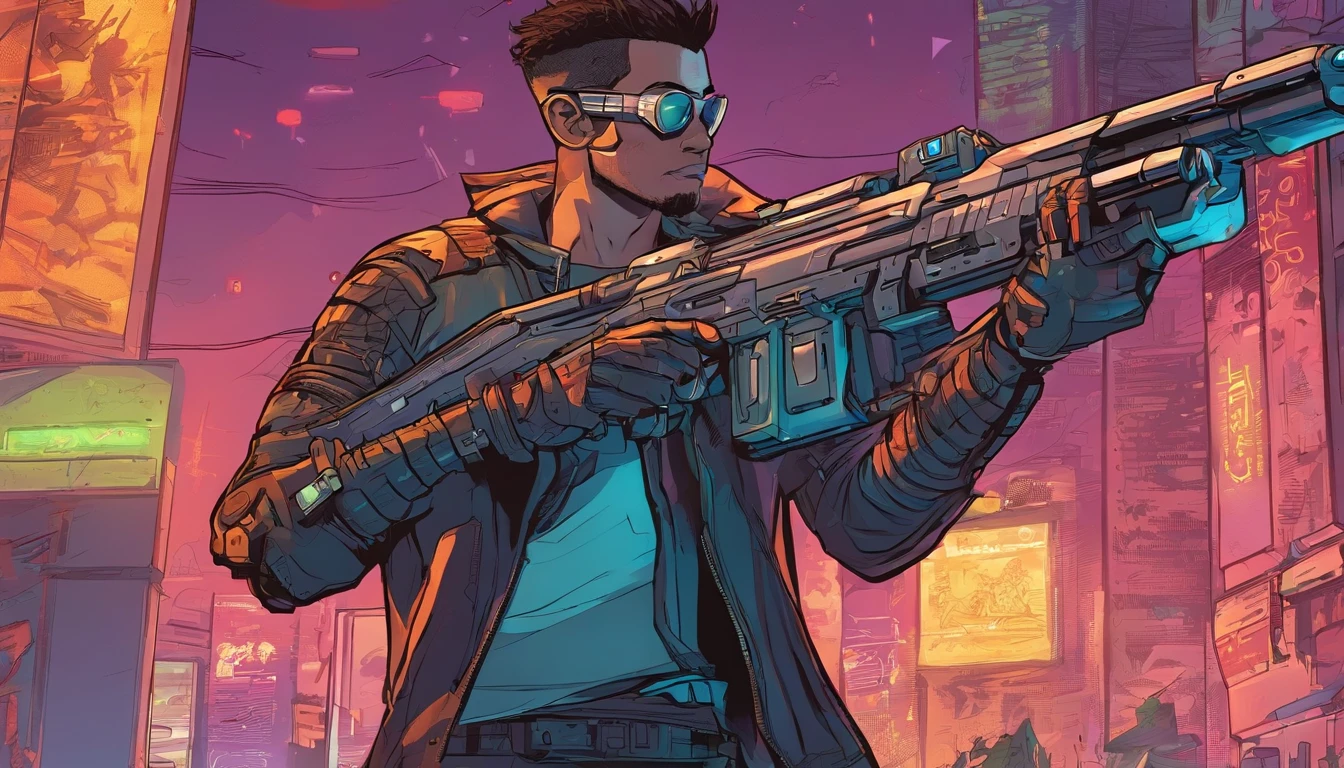 cyberpunk-style male character holding futuristic weapon, proportional body, detailed hands and arms, full hd, detailed, 4k, HD resolution, "binho0mg" detailed background symbol, gamer setting