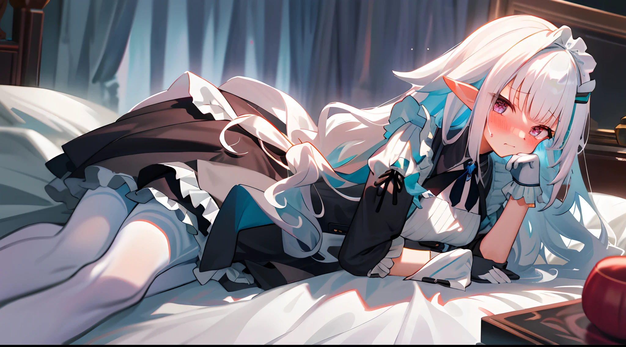 One girl with long wavy hair, white hair, looking at viewer, embarrassed, blushing, tears, indoor , maid dress, black maid dress, maid apron, maid head accessories, puff long sleeves, mini skirt, thigh, pointy ears, perfect waist, bed, night atmosphere, hair ornament, laying on, white pantyhose, lace gloves,