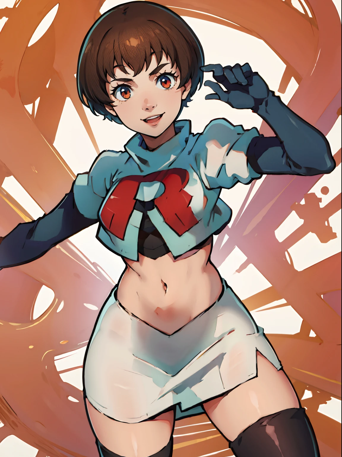 satonaka chie, team rocket,team rocket uniform, red letter R, white skirt,white crop top,black thigh-highs,black elbow gloves, confident smile